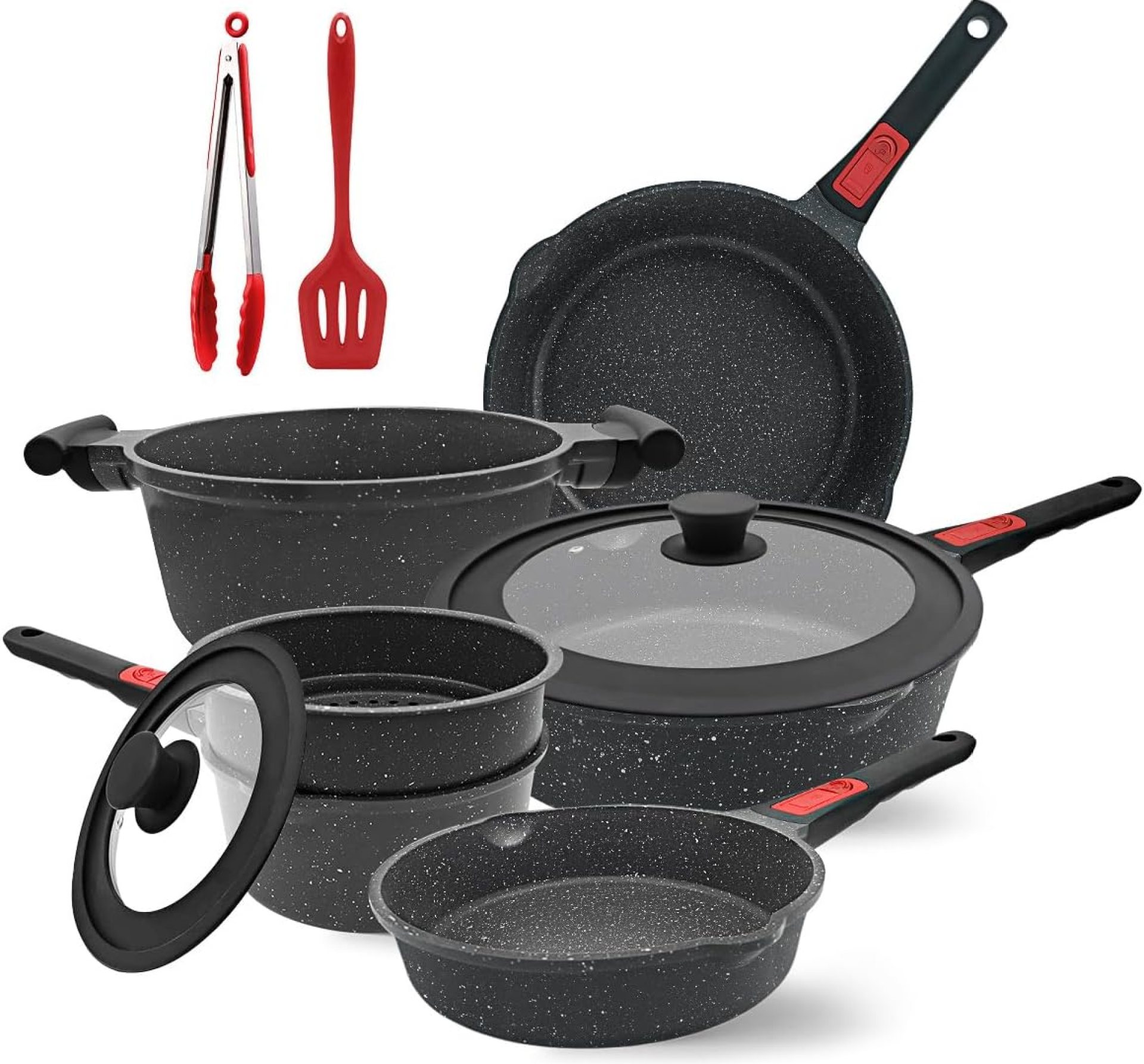 10 Pcs Pots and Pans Set Nonstick, Cast Aluminum Kitchen Cookware Set with Lid/Frying Pans & Saucepans with Detachable Handle, Oven& Dishwasher Safe (Black) 10 Pcs Pots and Pans Set Nonstick, Cast Aluminum Kitchen Cookware Set with Lid/Frying Pans & Saucepans with Detachable Handle, Oven& Dishwasher Safe (Black)