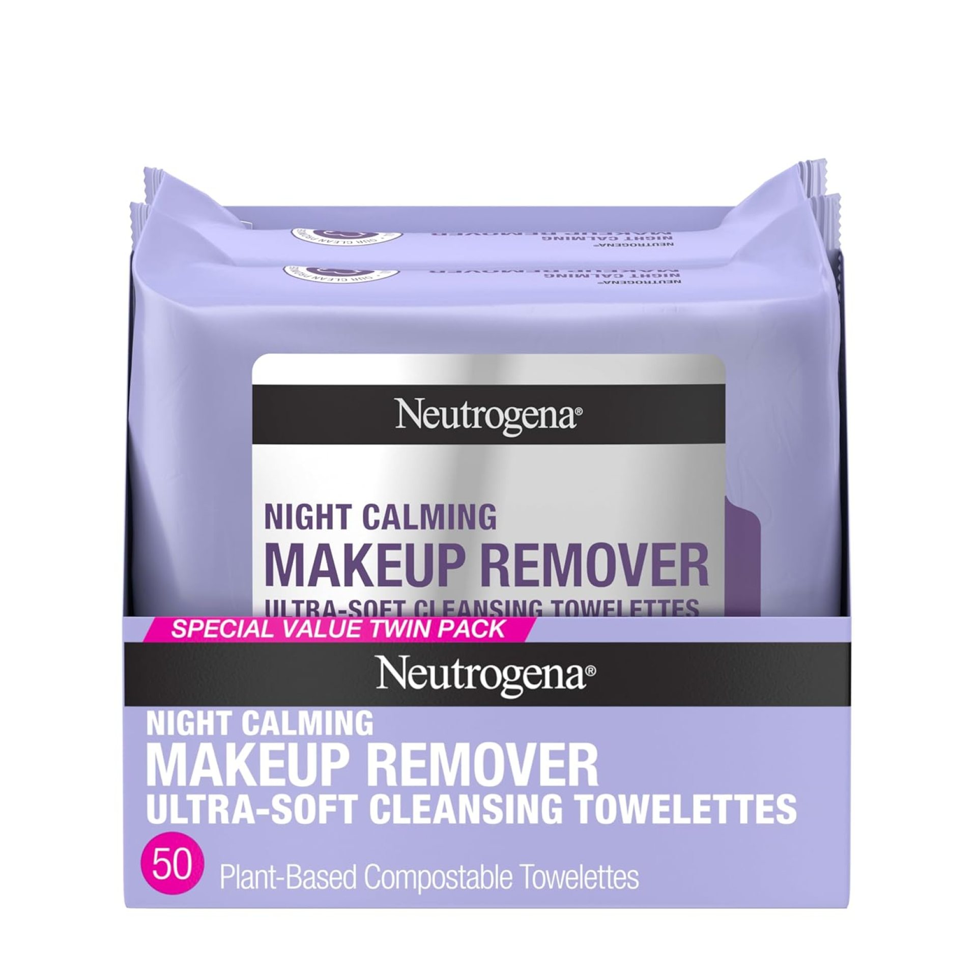 Neutrogena Night Calming Makeup Remover Face Wipes, Nighttime Cleansing Towelettes Remove Sweat, Dirt & Makeup & Calms Skin, Hypoallergenic, 100% Plant Based Cloth, Twin Pack, 2 x 25 ct Neutrogena Night Calming Makeup Remover Face Wipes, Nighttime Cleansing Towelettes Remove Sweat, Dirt & Makeup & Calms Skin, Hypoallergenic, 100% Plant Based Cloth, Twin Pack, 2 x 25 ct