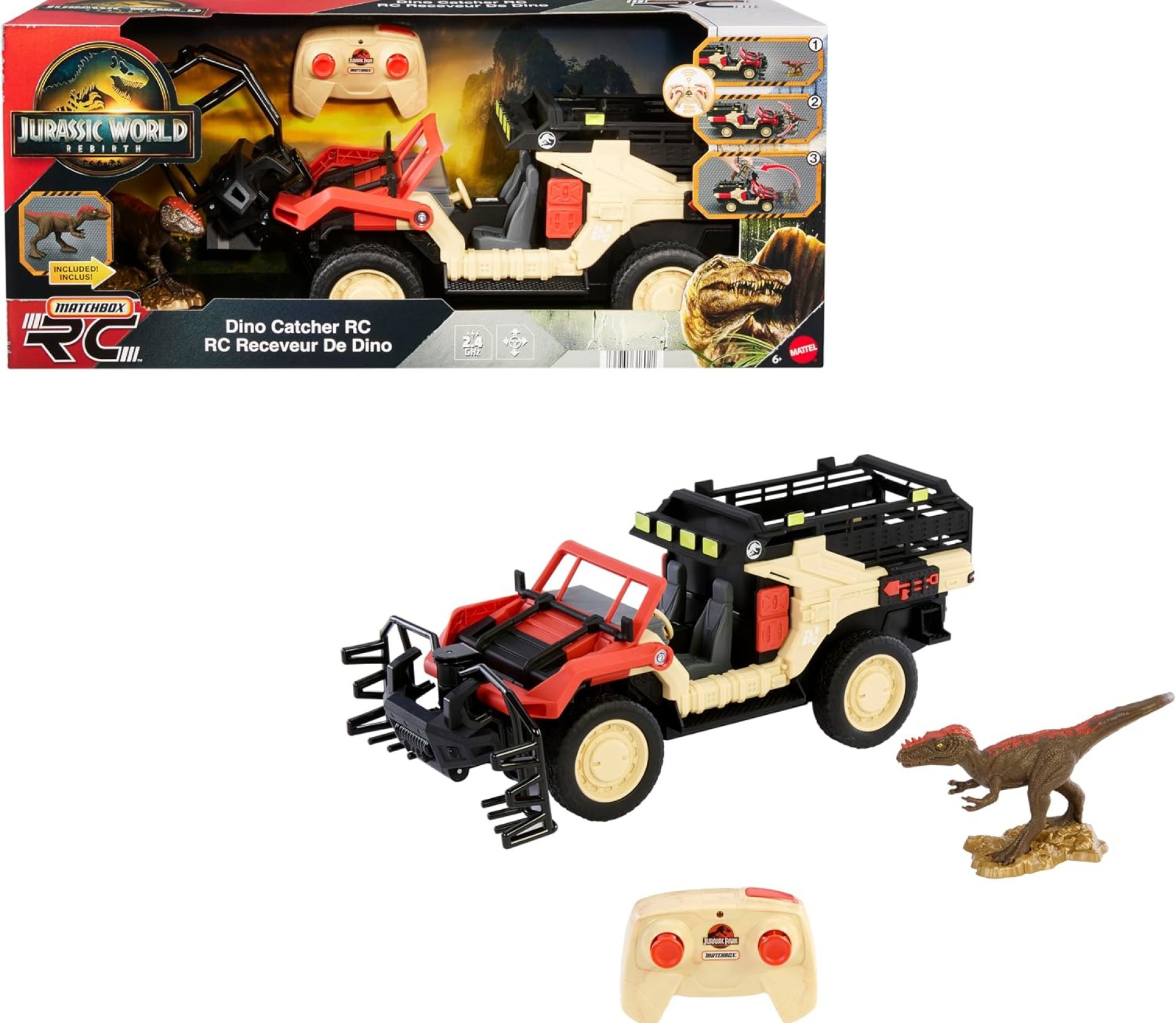 Matchbox RC Jurassic World Toy Truck, Remote-Control Battery-Operated Vehicle with Dinosaur Figure, Dino Catcher RC & Capture Cage for Transport Matchbox RC Jurassic World Toy Truck, Remote-Control Battery-Operated Vehicle with Dinosaur Figure, Dino Catcher RC & Capture Cage for Transport