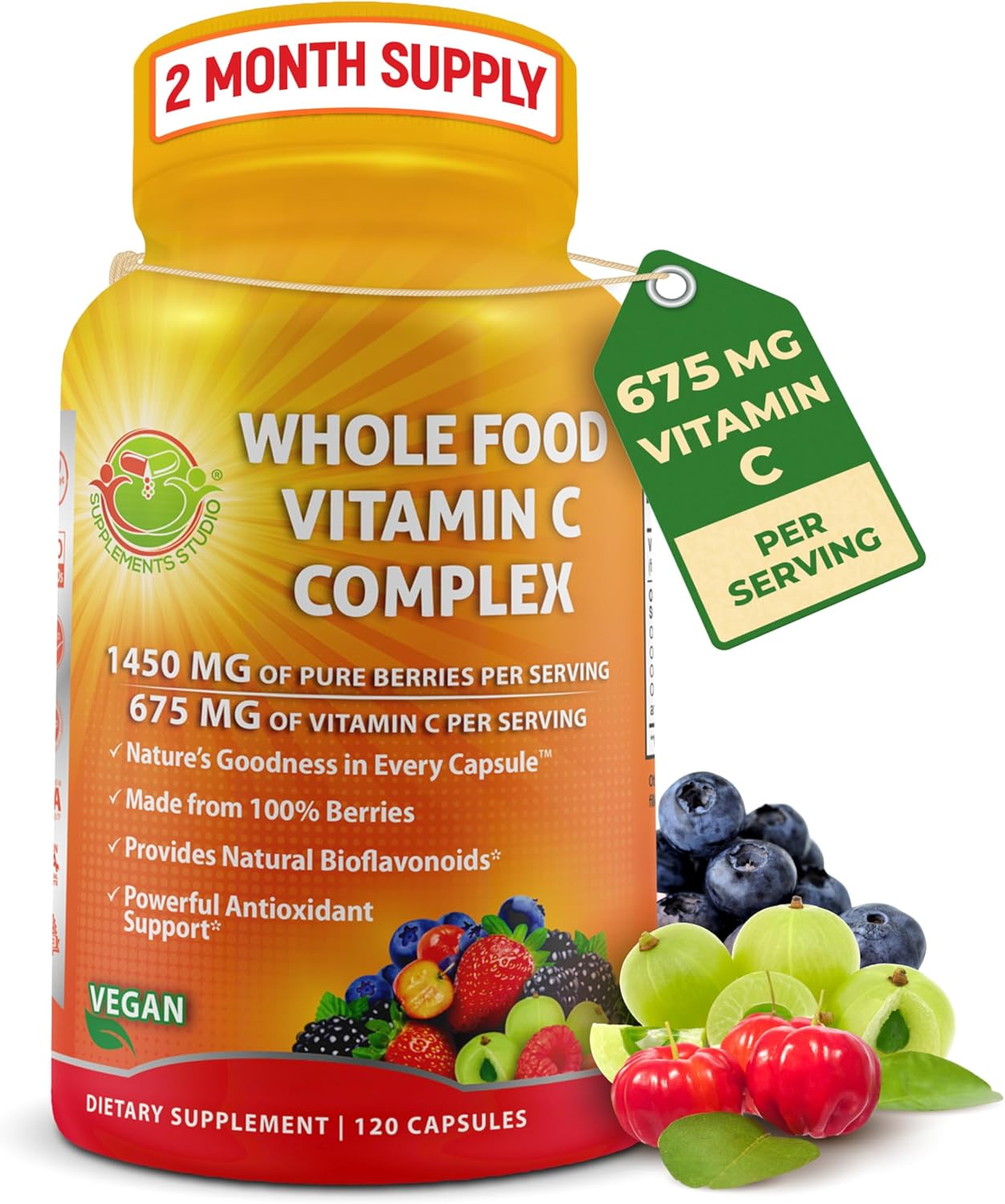 Whole Food Vitamin C Complex – 1450mg Organic Berries – 675 mg Vitamin C per Serving, High-Potency Antioxidant & Immune Support with Acerola, Amla and Natural Bioflavonoids – Vegan, Non-GMO, 120 Count Whole Food Vitamin C Complex – 1450mg Organic Berries – 675 mg Vitamin C per Serving, High-Potency Antioxidant & Immune Support with Acerola, Amla and Natural Bioflavonoids – Vegan, Non-GMO, 120 Count
