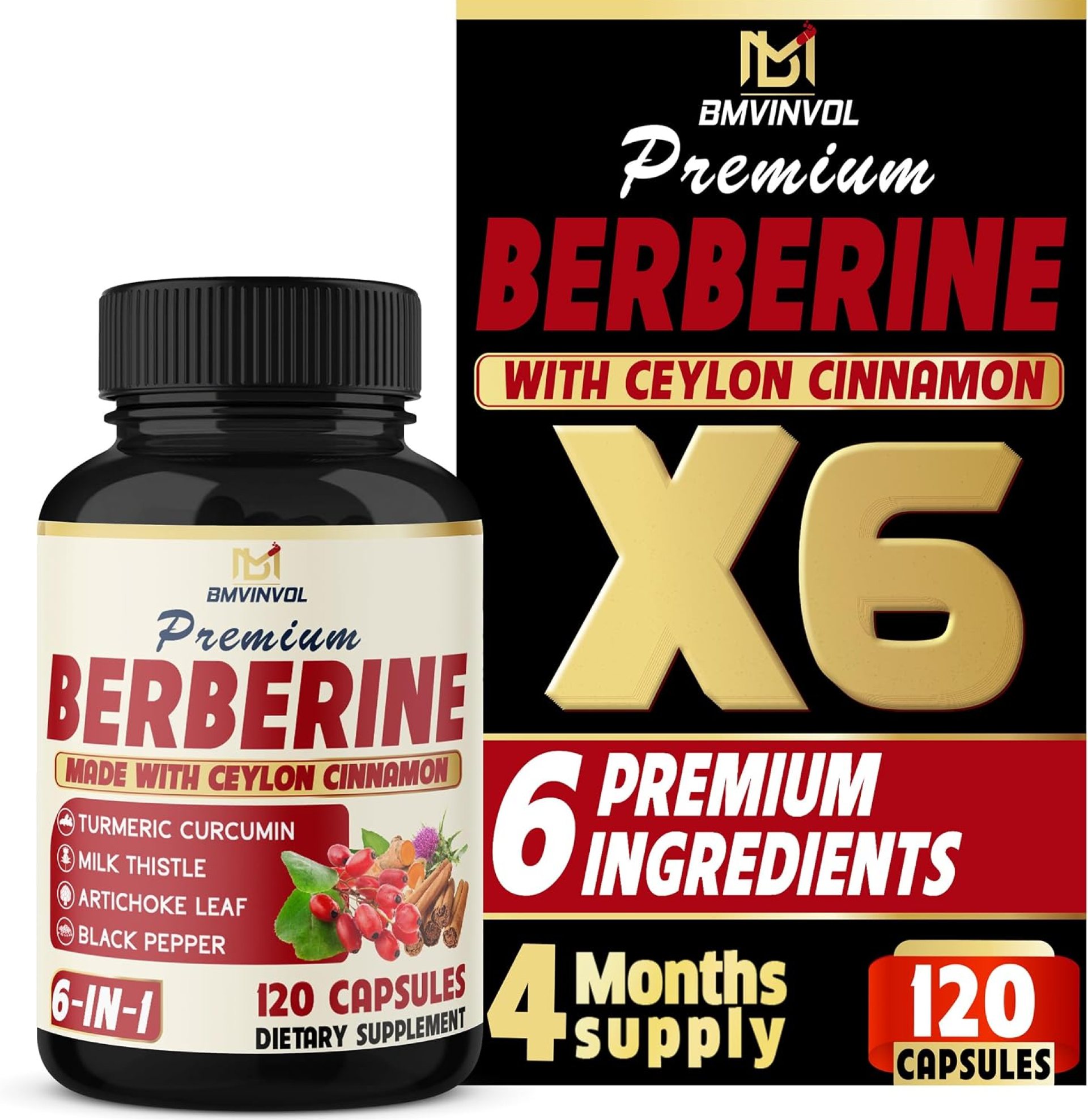 BMVINVOL 6in1 Berberine Supplement with Ceylon Cinnamon, Tumeric Root, Milk Thistle, Artichoke, Black Pepper -120 Capsules for 4 Month Supply BMVINVOL 6in1 Berberine Supplement with Ceylon Cinnamon, Tumeric Root, Milk Thistle, Artichoke, Black Pepper -120 Capsules for 4 Month Supply
