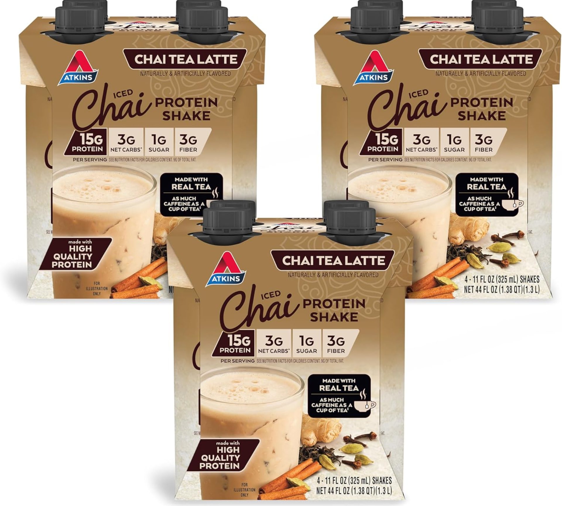 Chai Tea Latte Protein Shake, 15g Protein, Low Glycemic, 3g Net Carb, 1g Sugar, Keto Friendly , Set of three 4-pack Chai Tea Latte Protein Shake, 15g Protein, Low Glycemic, 3g Net Carb, 1g Sugar, Keto Friendly , Set of three 4-pack