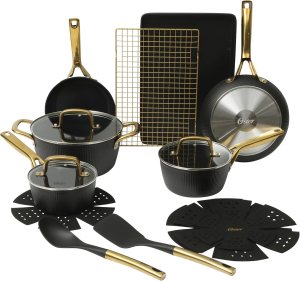 Oster Platinum Abbottsford 16 Piece Aluminum Pots and Pans PFA Free Ceramic Non stick Induction Kitchen Cookware Set – Black W/Gold
