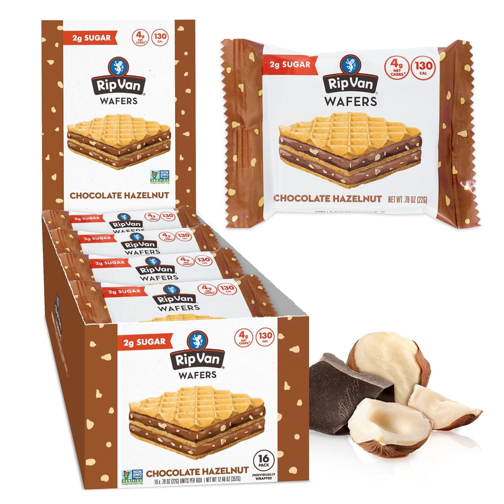 Rip Van Chocolate Hazelnut Wafer Cookies, Keto, Non-GMO, Healthy Snacks, Low Carb & Low Sugar (2g), Low Calorie, Vegan, 16 Count Rip Van Chocolate Hazelnut Wafer Cookies, Keto, Non-GMO, Healthy Snacks, Low Carb & Low Sugar (2g), Low Calorie, Vegan, 16 Count