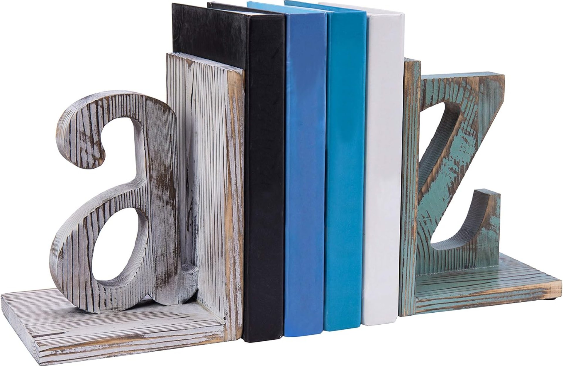 MyGift Vintage Wood Desktop Bookends with Decorative White and Blue Alphabet A and Z Design, Home Office Desk Decor MyGift Vintage Wood Desktop Bookends with Decorative White and Blue Alphabet A and Z Design, Home Office Desk Decor