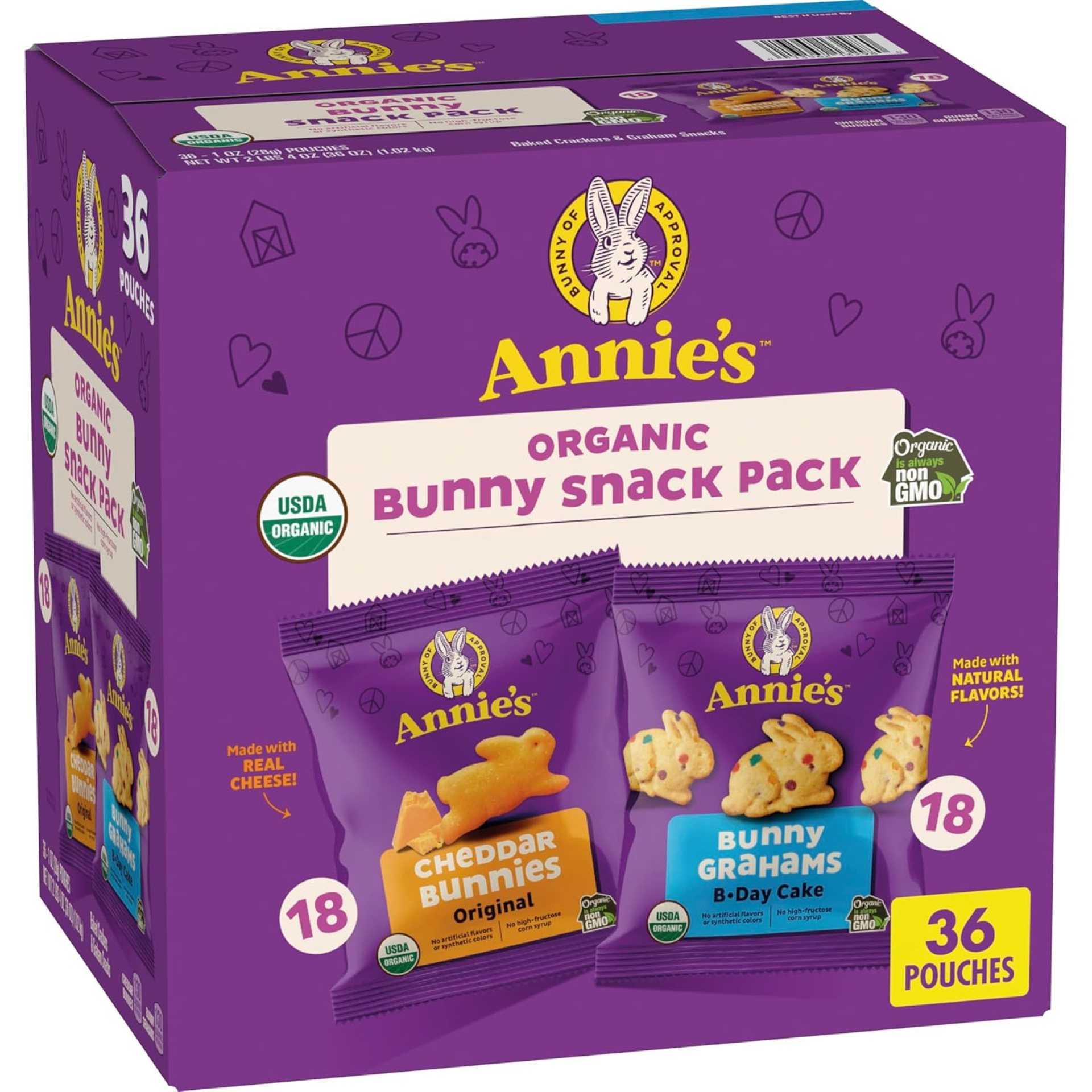 Annie’s Organic Birthday Cake Bunny Grahams and Cheddar Bunnies Snack Pack 36 Count, 36 oz Annie’s Organic Birthday Cake Bunny Grahams and Cheddar Bunnies Snack Pack 36 Count, 36 oz