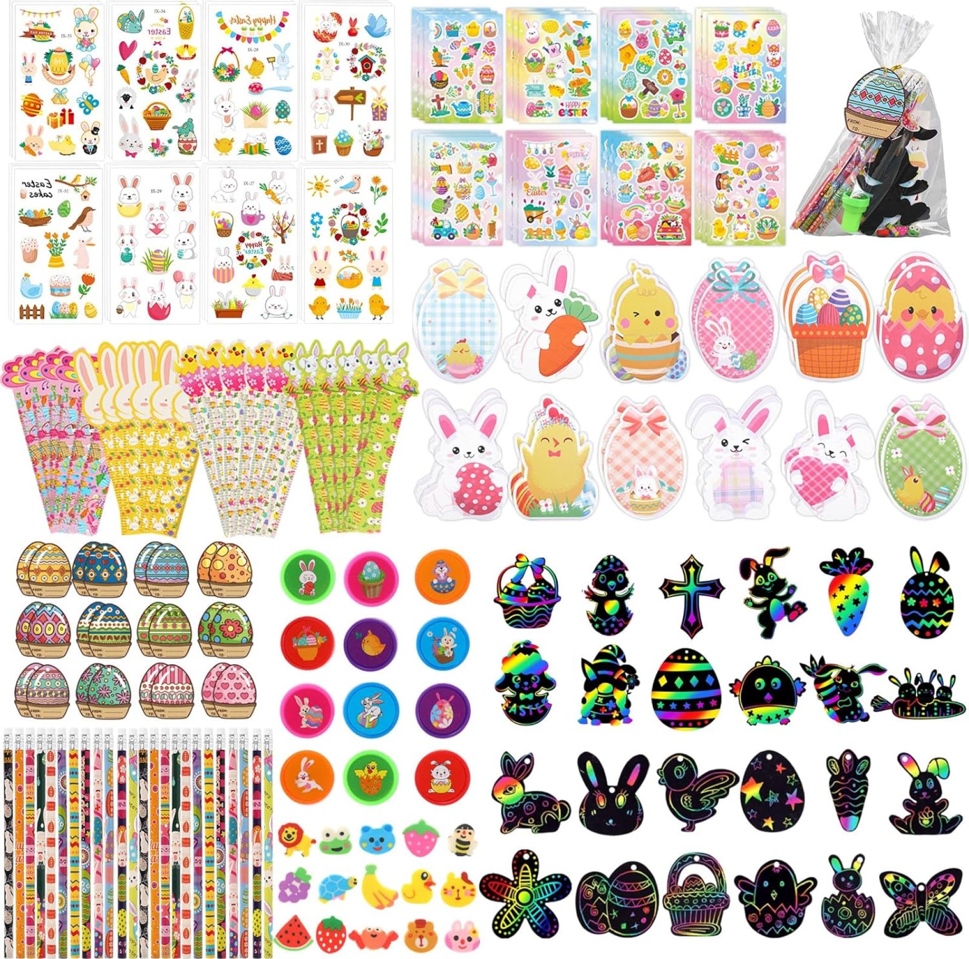 Whaline 280Pcs Easter Stationery Set Memo Pads Rulers Pencils Scratches Stickers Erasers Cellophane Treat Bags and Tags for Students Party Classroom Exchange Prizes, 24 Pack Whaline 280Pcs Easter Stationery Set Memo Pads Rulers Pencils Scratches Stickers Erasers Cellophane Treat Bags and Tags for Students Party Classroom Exchange Prizes, 24 Pack