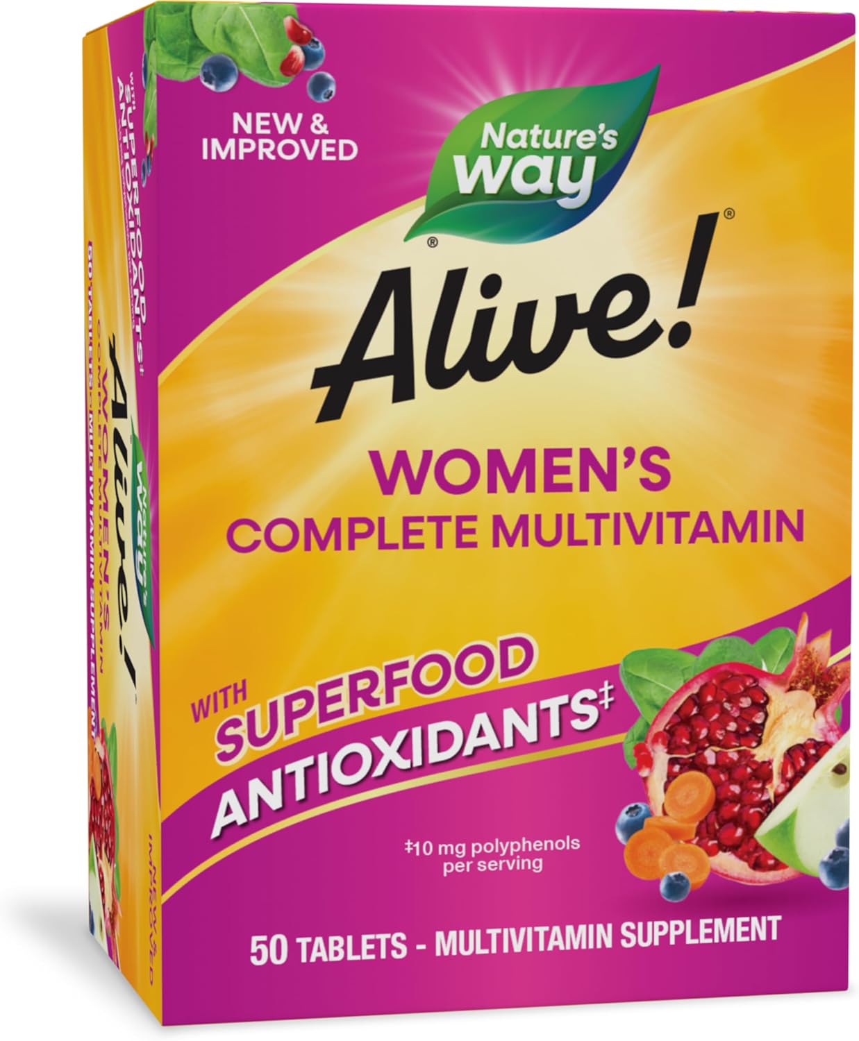 Nature’s Way Alive! Women’s Complete Multivitamin, Supports Energy Metabolism and Hair, Skin & Nails*, Superfood Antioxidants(1), B-Vitamins, 50 Tablets (Packaging May Vary) Nature’s Way Alive! Women’s Complete Multivitamin, Supports Energy Metabolism and Hair, Skin & Nails*, Superfood Antioxidants(1), B-Vitamins, 50 Tablets (Packaging May Vary)