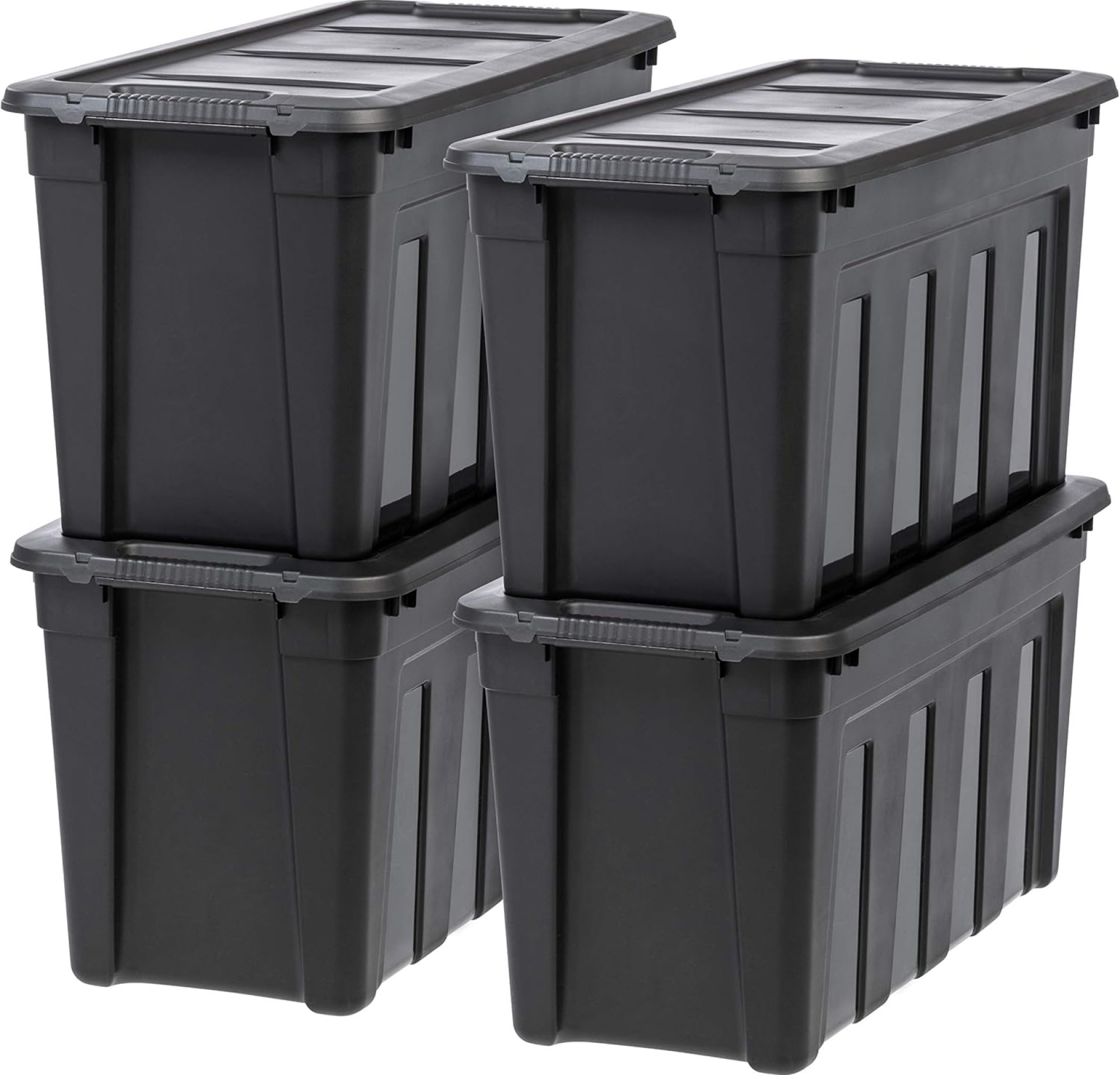 IRIS USA 31 Gallon Heavy Duty Storage Totes with Easy-Grip Handles, 4 Pack – Large Bins with Lids Garage Organizing Tubs, Durable Stackable Utility Containers, Made in USA – Black IRIS USA 31 Gallon Heavy Duty Storage Totes with Easy-Grip Handles, 4 Pack – Large Bins with Lids Garage Organizing Tubs, Durable Stackable Utility Containers, Made in USA – Black