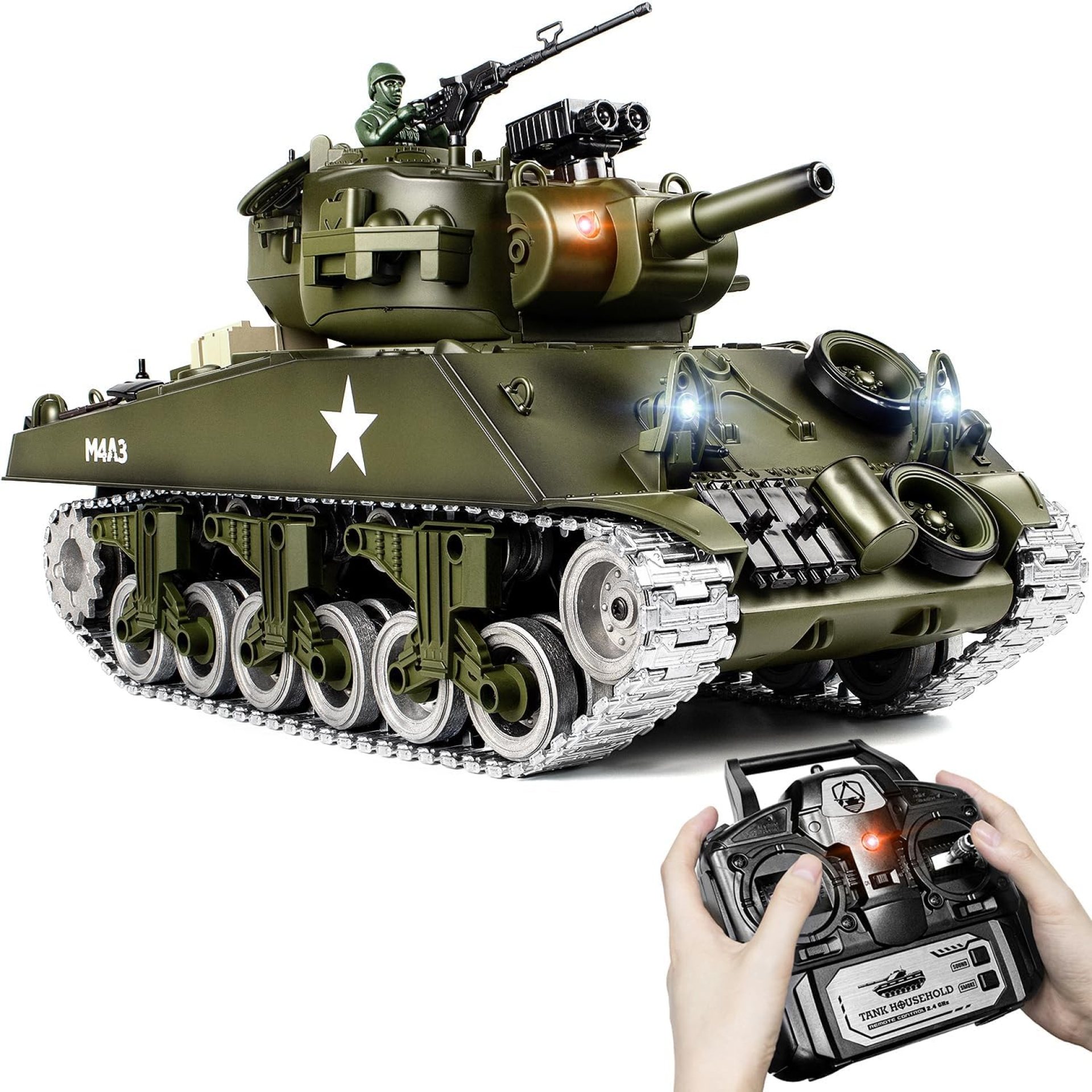 1:18 RC Tank, Metal US M4A3 Sherman Remote Control Model Army Tank That Shoots BBS and Water Bombs, 2.4Ghz RC Vehicle Military Toys with Smoke, Lights, Sound, and Recoil for Kids and Adults 1:18 RC Tank, Metal US M4A3 Sherman Remote Control Model Army Tank That Shoots BBS and Water Bombs, 2.4Ghz RC Vehicle Military Toys with Smoke, Lights, Sound, and Recoil for Kids and Adults