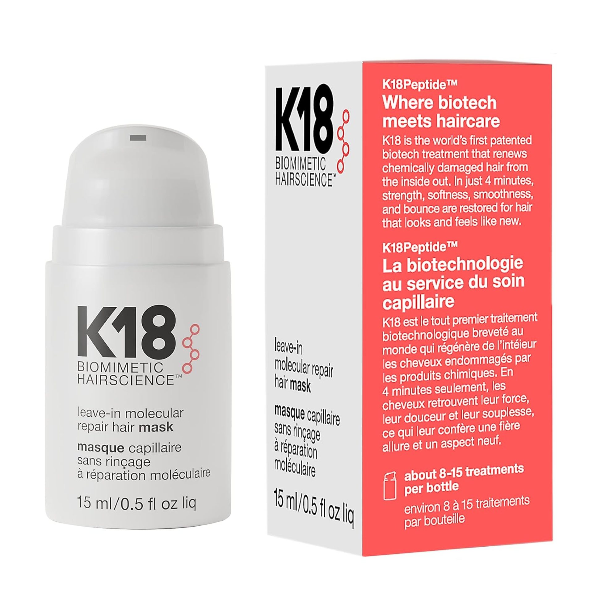 K18 Leave-In Molecular Hair Mask, Repairs Dry or Damaged Hair, Reverse Hair Damage from Bleach, Color, Chemical Services & Heat K18 Leave-In Molecular Hair Mask, Repairs Dry or Damaged Hair, Reverse Hair Damage from Bleach, Color, Chemical Services & Heat