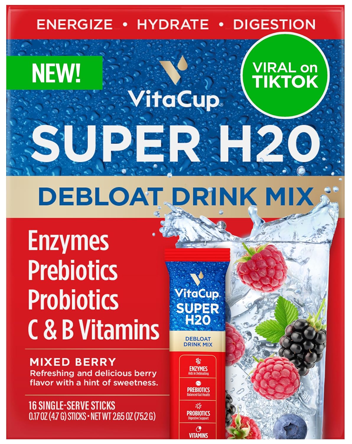 VitaCup Super H2O Bloating Relief and Digestive Health Drink Mix Packets, Probiotics, Prebiotics, C & B Vitamins, Mixed Berry Flavor Water Enhancer Packets, 16Ct VitaCup Super H2O Bloating Relief and Digestive Health Drink Mix Packets, Probiotics, Prebiotics, C & B Vitamins, Mixed Berry Flavor Water Enhancer Packets, 16Ct