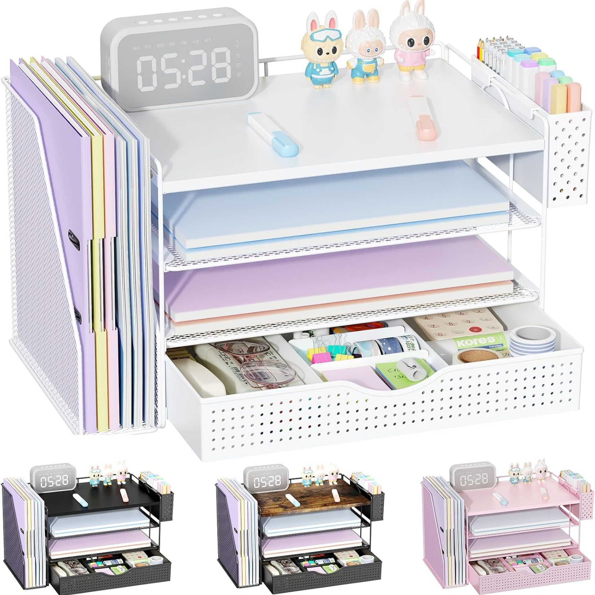 Wood Desk Organizers and Accessories with File Holder, 4-Tier Desk Accessories & Workspace Organizers with Drawer and Pen Holder, Paper Organizer for Office Supplies (White) Wood Desk Organizers and Accessories with File Holder, 4-Tier Desk Accessories & Workspace Organizers with Drawer and Pen Holder, Paper Organizer for Office Supplies (White)