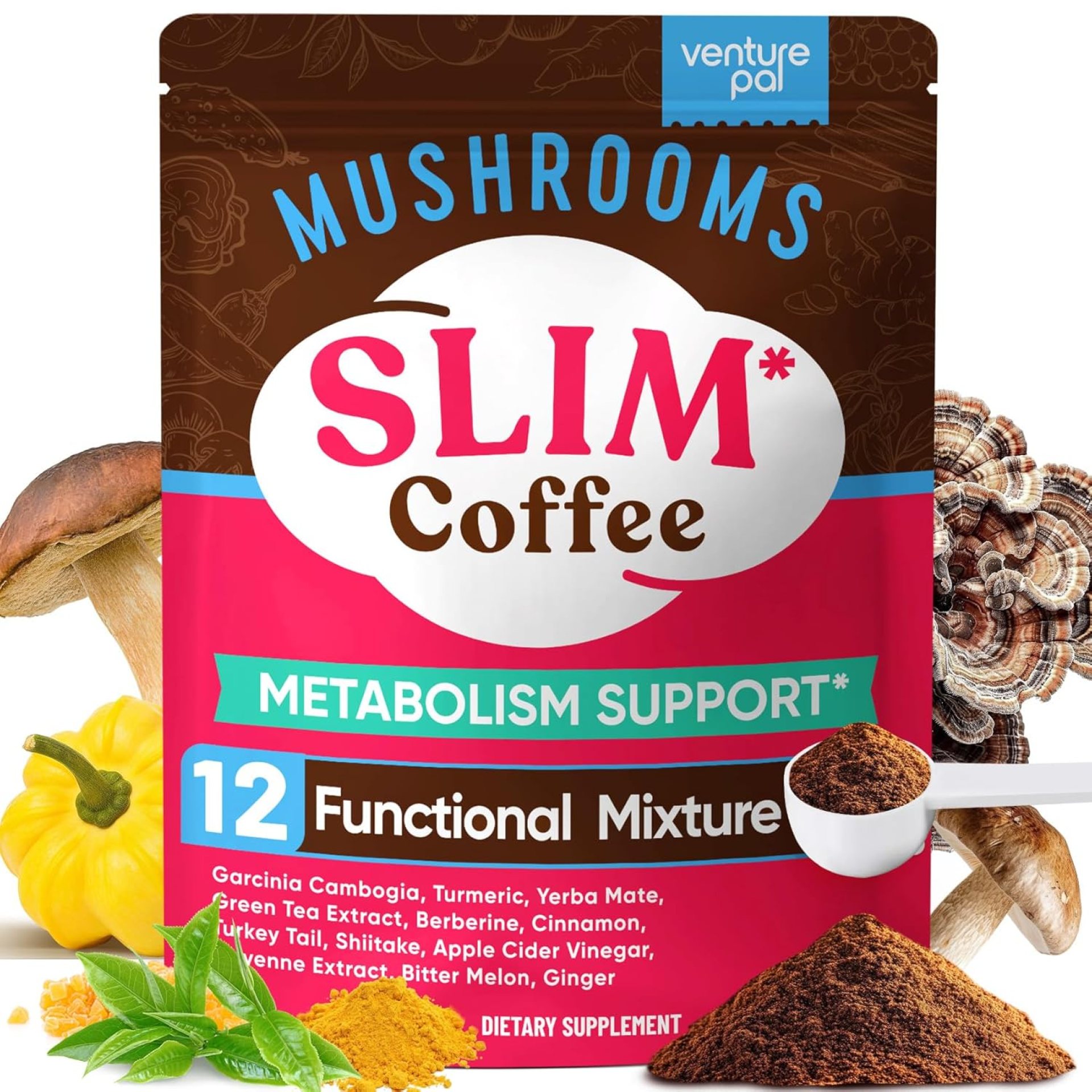 Venture Pal Slim Mushroom Coffee for Weight Loss, Instant Coffee with Berberine, Cinnamon, Yerba Mate, Turmeric, & More, 1800mg(10:1) Extract for Diet Support & Metabolism Boost – 40 Servings Venture Pal Slim Mushroom Coffee for Weight Loss, Instant Coffee with Berberine, Cinnamon, Yerba Mate, Turmeric, & More, 1800mg(10:1) Extract for Diet Support & Metabolism Boost – 40 Servings