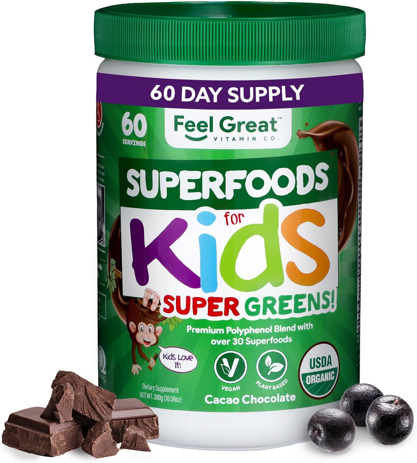 Feel Great USDA Organic Super Greens Powder for Kids – Cocao Chocolate | Fruit & Veggie Supplement | Superfood Powder with Probiotics & Digestive Enzymes for Digestive Health | 60 Days Supply Feel Great USDA Organic Super Greens Powder for Kids – Cocao Chocolate | Fruit & Veggie Supplement | Superfood Powder with Probiotics & Digestive Enzymes for Digestive Health | 60 Days Supply