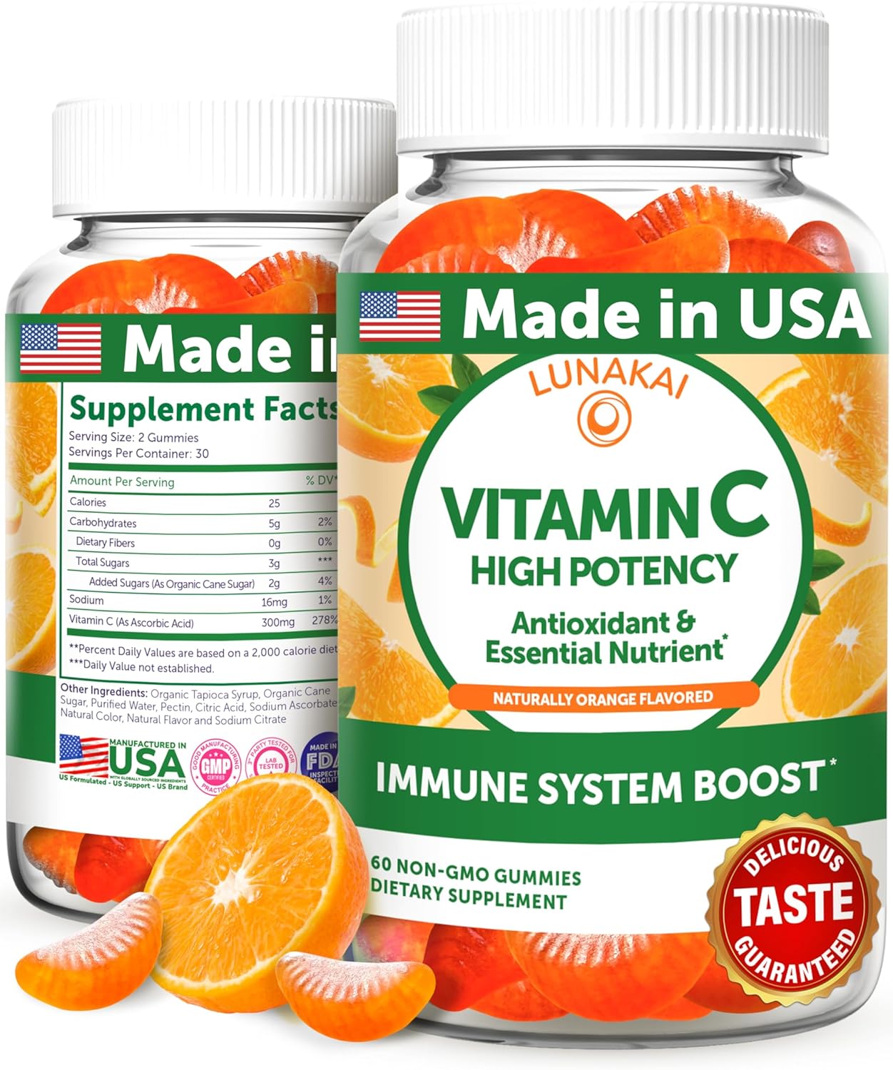Lunakai USA Made High Potency Vitamin C Gummies for Adults and Kids – 300mg Immune Support – Non-GMO, Vegan, Delicious Orange Flavor, 60ct Lunakai USA Made High Potency Vitamin C Gummies for Adults and Kids – 300mg Immune Support – Non-GMO, Vegan, Delicious Orange Flavor, 60ct