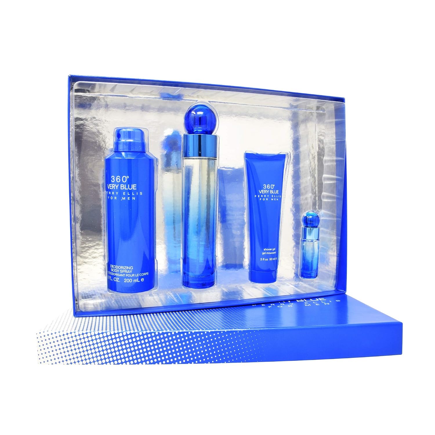 Perry Ellis 360 Very Blue 4 Pieces Gift Set for Men, (3.4 Ounce Eau de Toilette Spray + 6.8 Ounce Body Spray + 3.0 Ounce Shower Gel + 0.25 Ounce Eau de Toilette Spray) Perry Ellis 360 Very Blue 4 Pieces Gift Set for Men, (3.4 Ounce Eau de Toilette Spray + 6.8 Ounce Body Spray + 3.0 Ounce Shower Gel + 0.25 Ounce Eau de Toilette Spray)