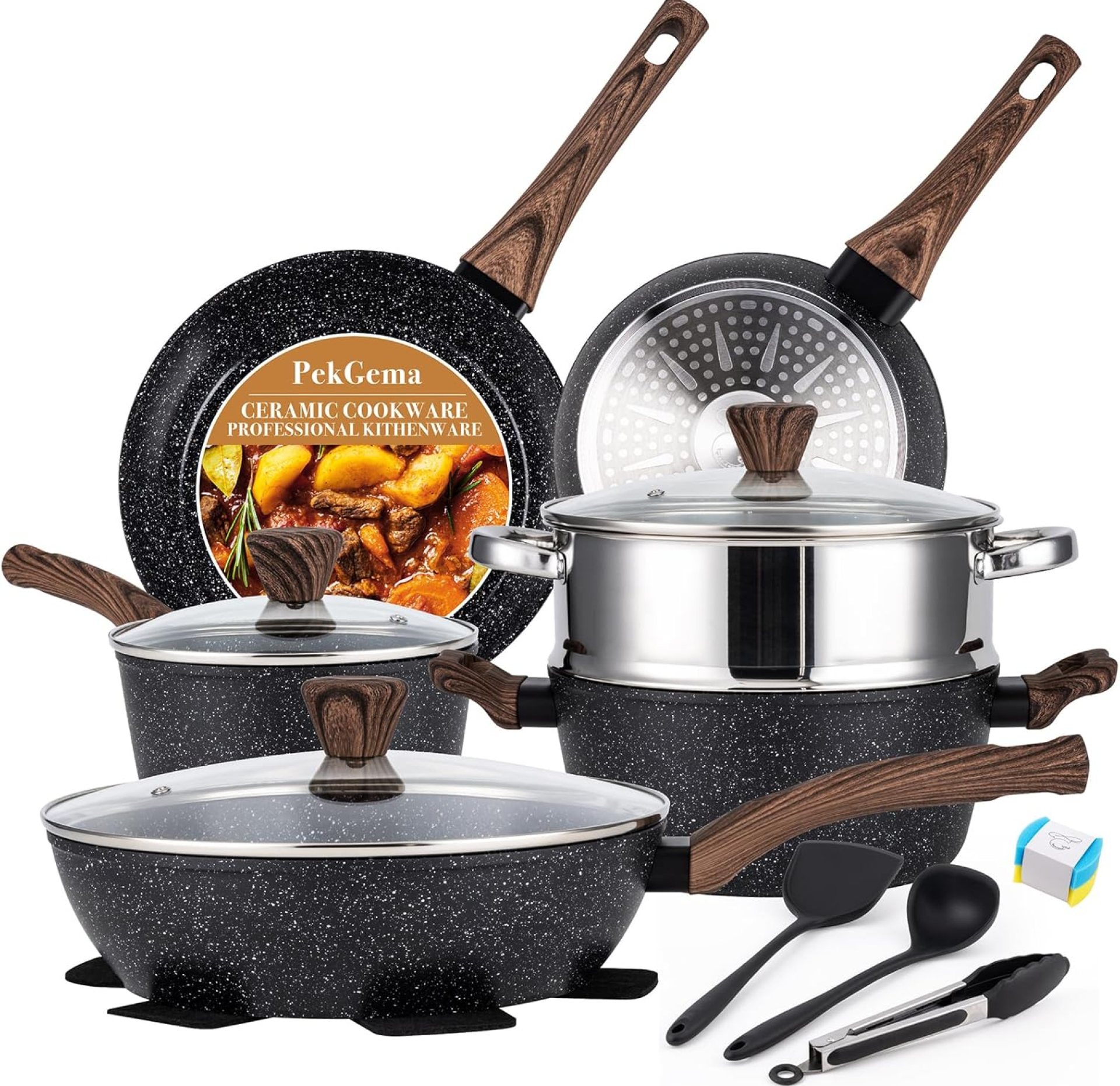 PekGema 14 Pcs Ceramic Cookware Sets, Pots and Pans Set Nonstick, Non Toxic Healthy Non stick Kitchen Cooking Set, Induction Cookware with Frying Pan Set, PFAS PTFE PFOA FREE, Black PekGema 14 Pcs Ceramic Cookware Sets, Pots and Pans Set Nonstick, Non Toxic Healthy Non stick Kitchen Cooking Set, Induction Cookware with Frying Pan Set, PFAS PTFE PFOA FREE, Black