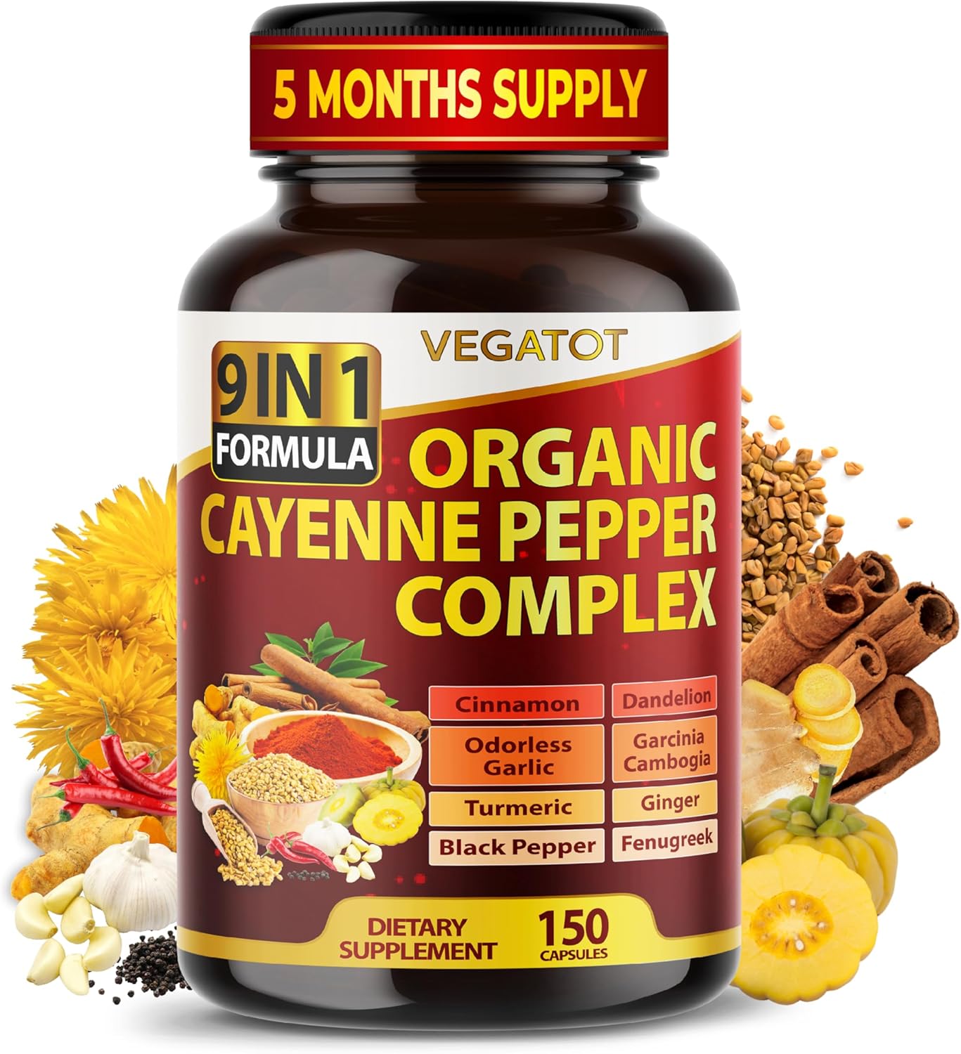 Organic Cayenne Pepper 9IN1 Complex with Cinnamon, Ginger, Turmeric for Overall Health, Immune System, Digestion Wellness (150 Count (Pack of 1)) Organic Cayenne Pepper 9IN1 Complex with Cinnamon, Ginger, Turmeric for Overall Health, Immune System, Digestion Wellness (150 Count (Pack of 1))