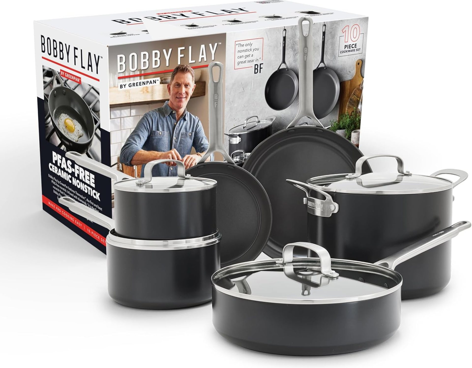 GreenPan x Bobby Flay Hard Anodized Nonstick 10 Piece Cookware Set, PFAS-Free Ceramic Pots & Pans, Induction Suitable, Frypans, Saucepans Saute, Stockpot, Glass Lids, Dishwasher & Oven Safe, Black GreenPan x Bobby Flay Hard Anodized Nonstick 10 Piece Cookware Set, PFAS-Free Ceramic Pots & Pans, Induction Suitable, Frypans, Saucepans Saute, Stockpot, Glass Lids, Dishwasher & Oven Safe, Black
