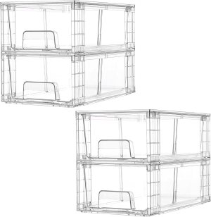 Vtopmart 4 Pack Stackable Storage Drawers,Clear Acrylic Drawer Organizers with Handles, Easily Assemble for Fridge, Bathroom,Kitchen Undersink,Cabinet,Pantry Organization and Storage