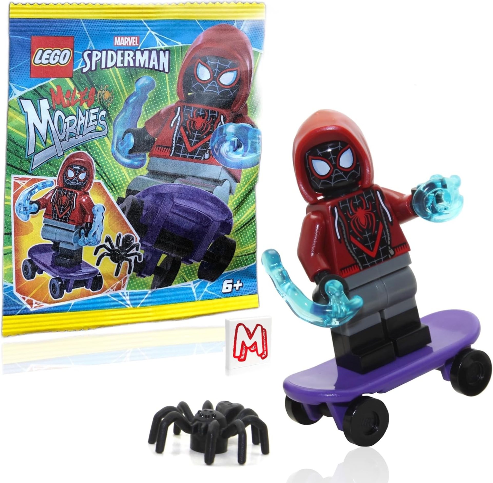 LEGO Marvel Superheroes Spider-Man Across The Spider-Verse Minifigure – Miles Morales Minifigure with Skateboard, Spider, Cool Web Blasts, and Minifigureland Tile 76178 LEGO Marvel Superheroes Spider-Man Across The Spider-Verse Minifigure – Miles Morales Minifigure with Skateboard, Spider, Cool Web Blasts, and Minifigureland Tile 76178