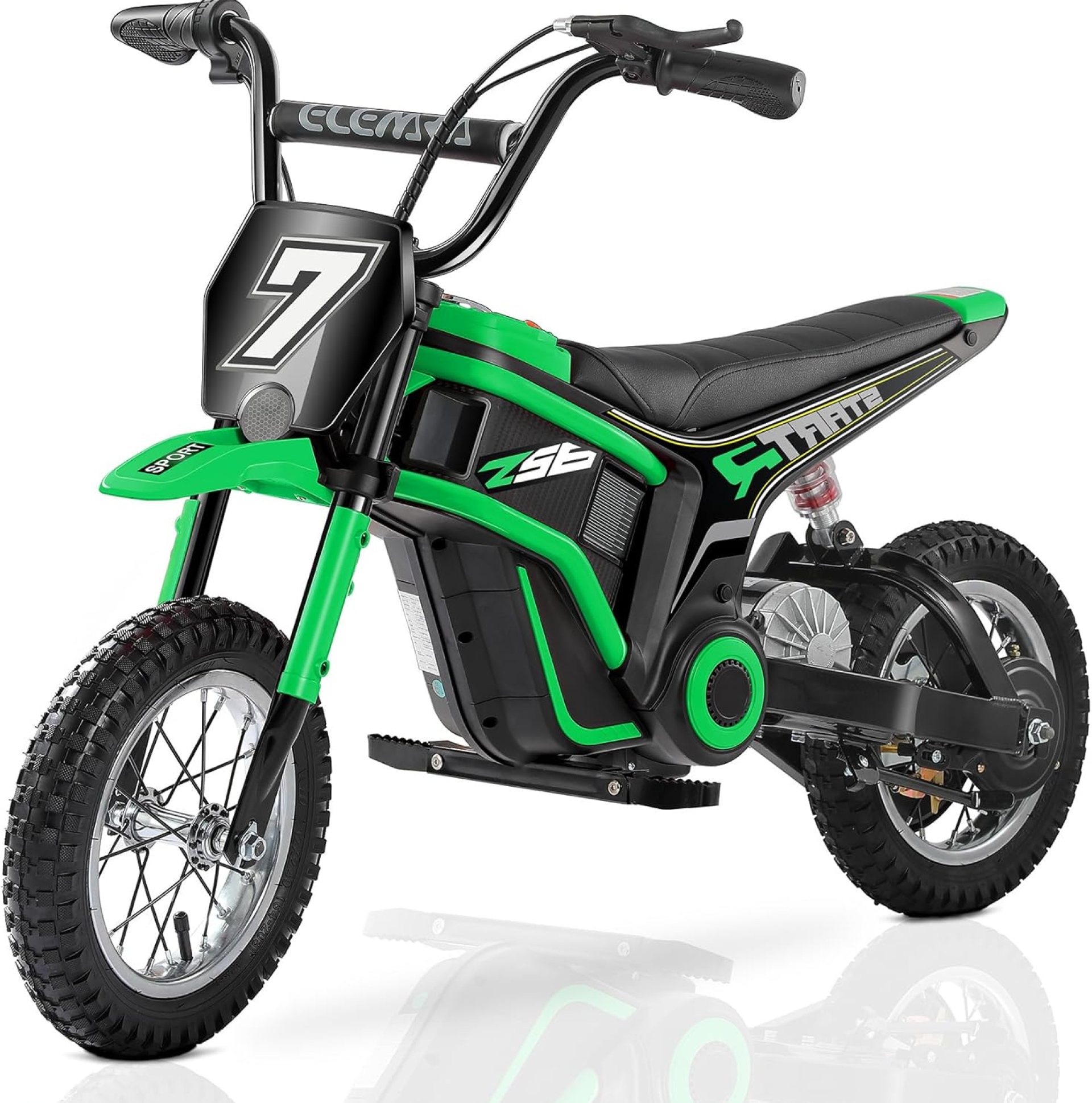 ELEMARA Electric Motorcycle, 350W Eelectric Dirt Bike for Kids, 15.5 mph & 150lb Max, w/Music & Bluetooth, Chain-Driven Motor,Twist-Grip Throttle & Hand-Operated Rear Brake,12″ Air-Filled Tires-Green ELEMARA Electric Motorcycle, 350W Eelectric Dirt Bike for Kids, 15.5 mph & 150lb Max, w/Music & Bluetooth, Chain-Driven Motor,Twist-Grip Throttle & Hand-Operated Rear Brake,12″ Air-Filled Tires-Green