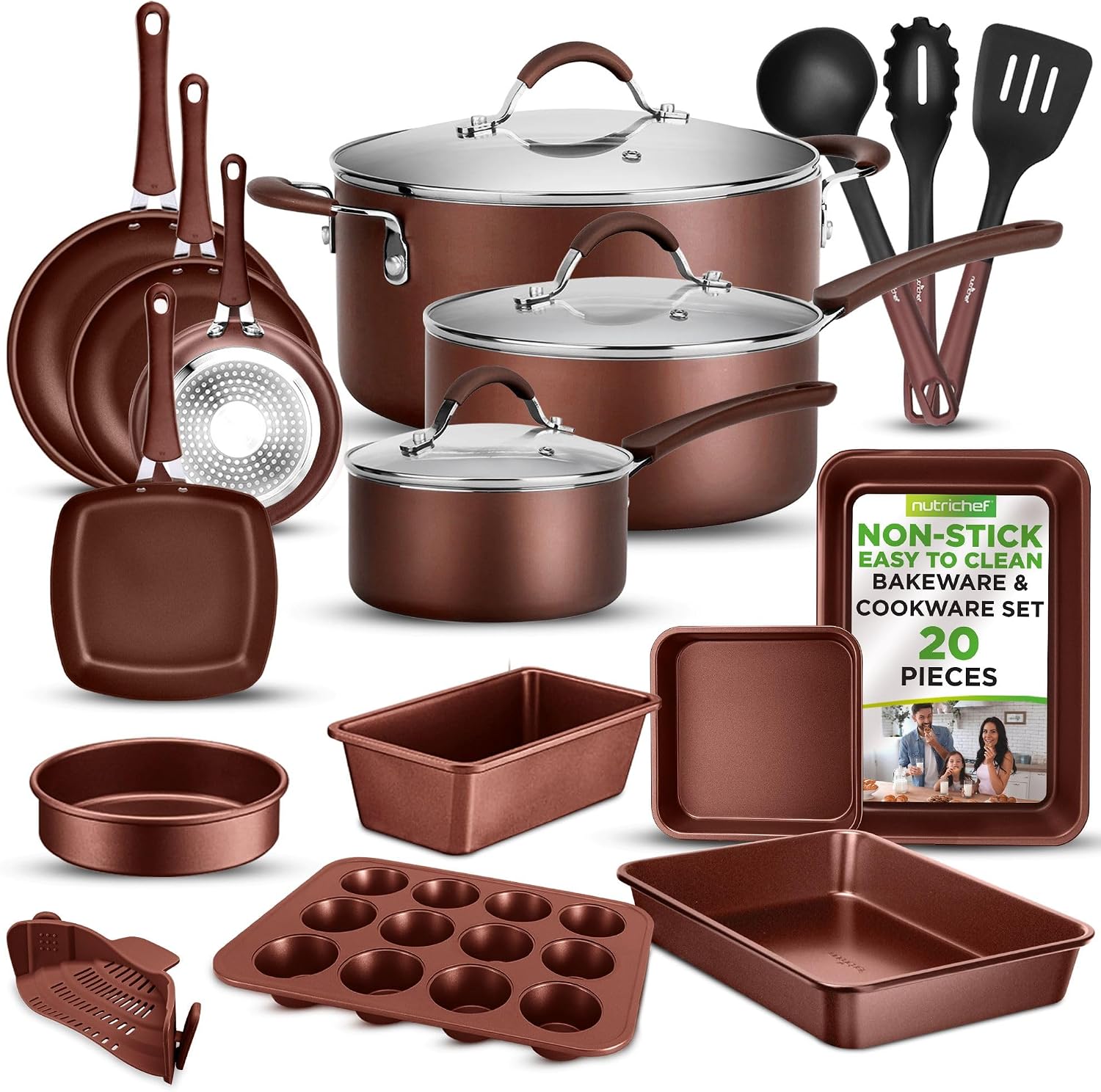 NutriChef 20 Piece Professional Home Kitchen Cookware and Bakeware, Pots and Pans Set Non Stick Kitchenware, Cool-Touch Handles, Safe for Gas, Electric, Induction Cooktops, Easy Clean, Brown NutriChef 20 Piece Professional Home Kitchen Cookware and Bakeware, Pots and Pans Set Non Stick Kitchenware, Cool-Touch Handles, Safe for Gas, Electric, Induction Cooktops, Easy Clean, Brown