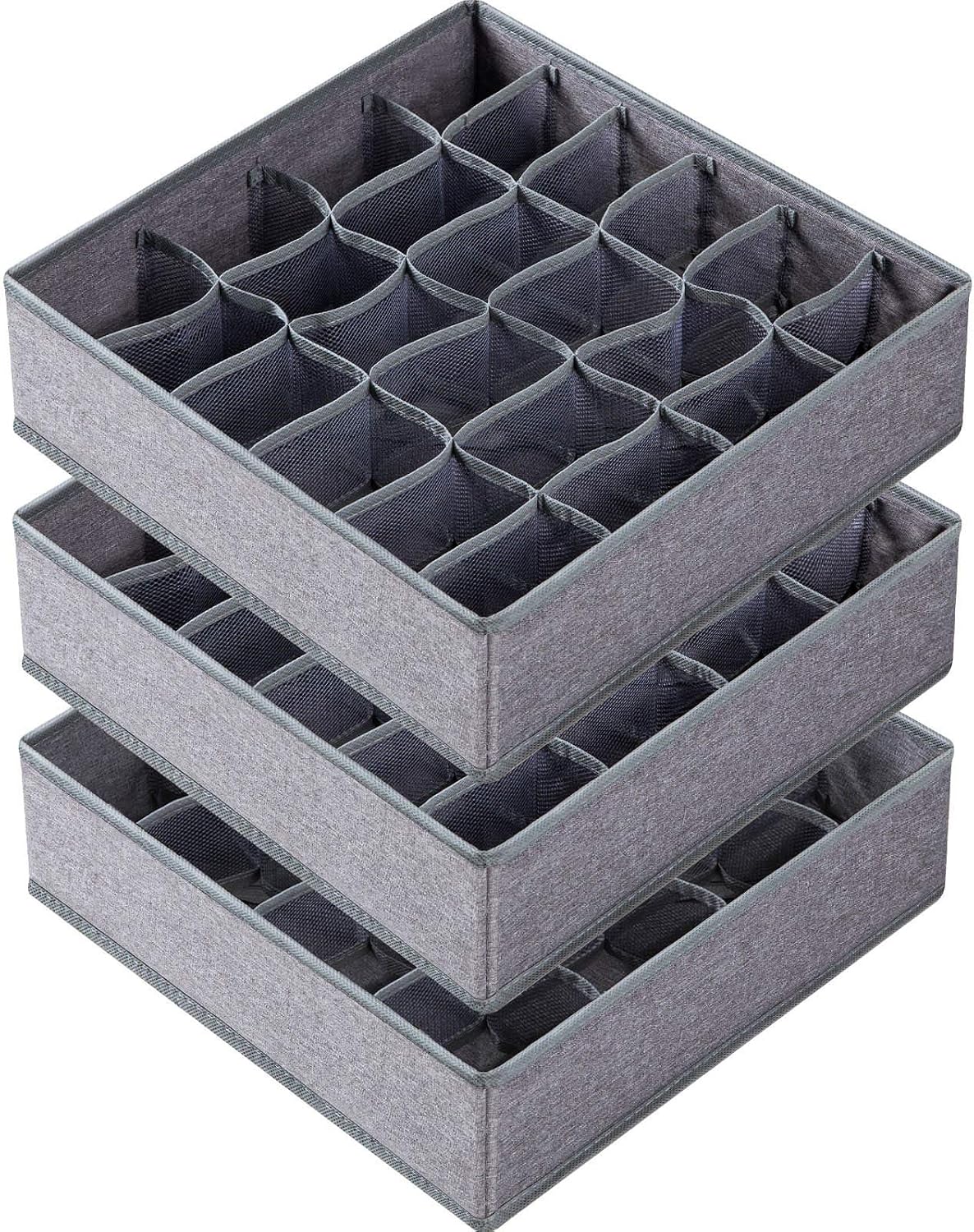 Criusia 3 Pack Sock Underwear Organizer Dividers, 64 Cell Drawer Fabric Foldable Cabinet Closet Storage Boxes for Storing Socks, Underwear, Ties (16+24+24 Cell, Gray) Criusia 3 Pack Sock Underwear Organizer Dividers, 64 Cell Drawer Fabric Foldable Cabinet Closet Storage Boxes for Storing Socks, Underwear, Ties (16+24+24 Cell, Gray)