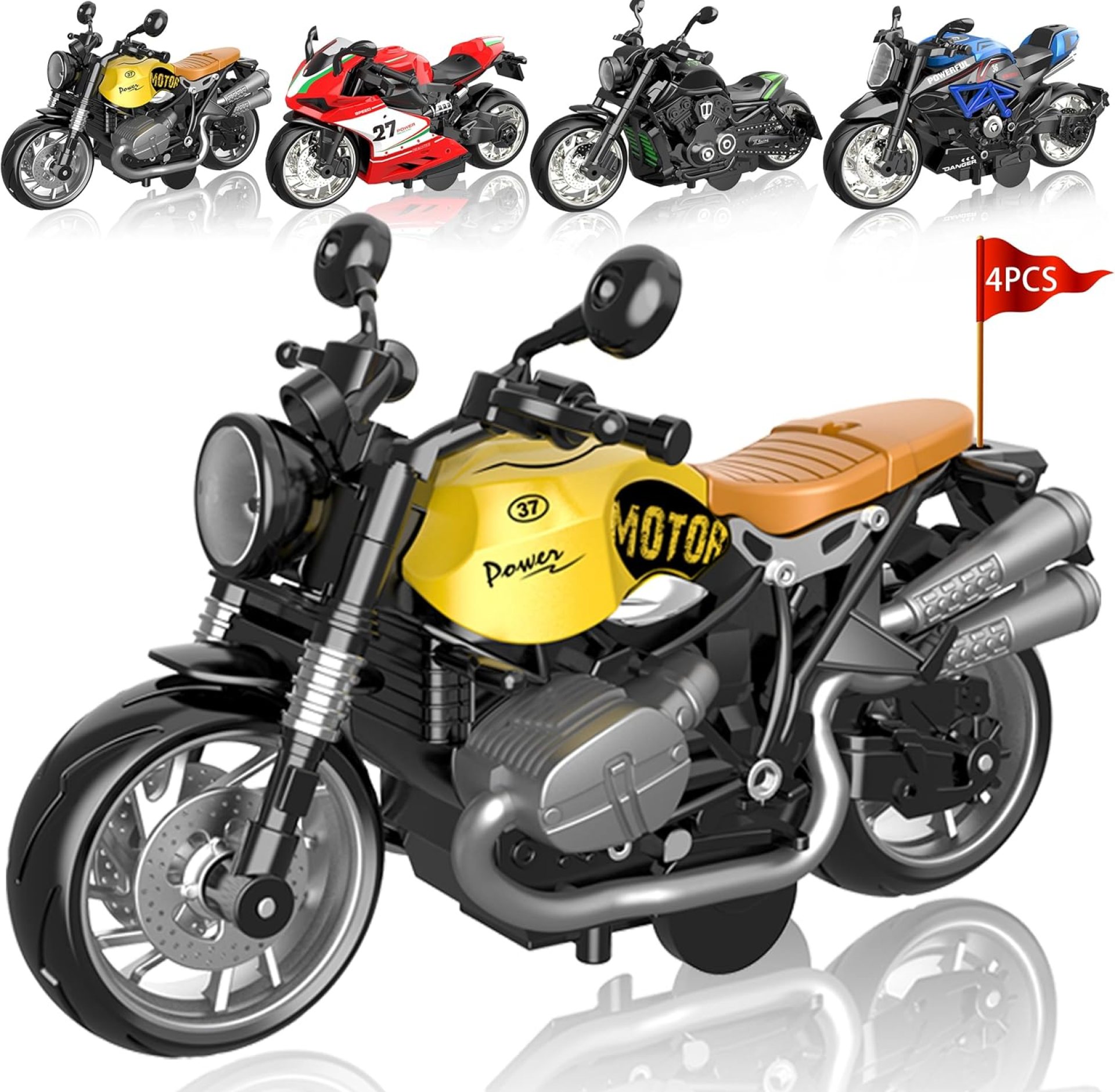 4-Pack Pull-Back Motorcycle Toys – Friction Powered Kids Toy Cars with Lights, Sounds & Automatic Drive for Boys & Girls Aged 3-12 4-Pack Pull-Back Motorcycle Toys – Friction Powered Kids Toy Cars with Lights, Sounds & Automatic Drive for Boys & Girls Aged 3-12