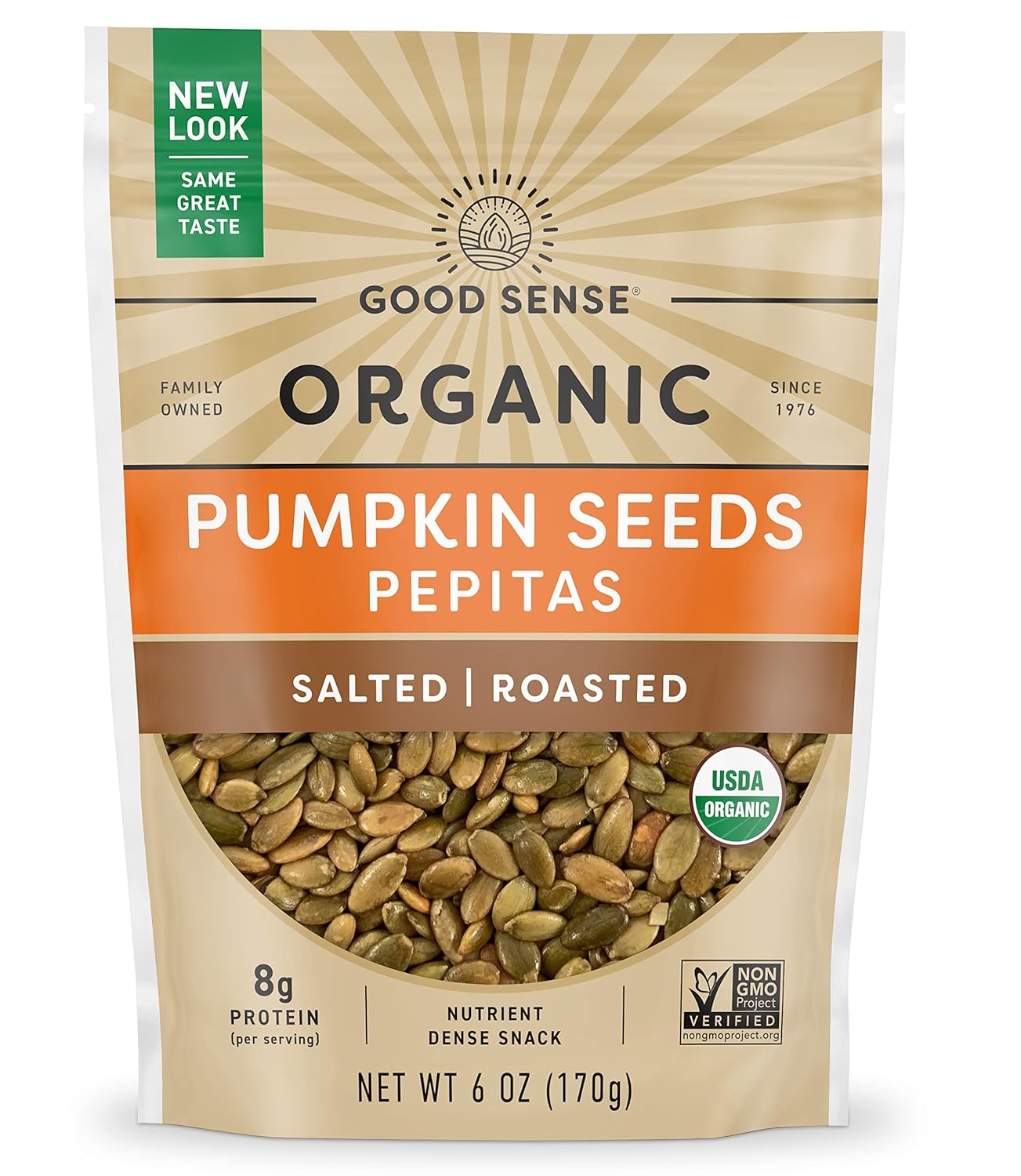Good Sense Roasted & Salted Organic Pumpkin Seeds (Pepitas), Non-GMO & All Natural, 6 Ounce Resealable Bag Good Sense Roasted & Salted Organic Pumpkin Seeds (Pepitas), Non-GMO & All Natural, 6 Ounce Resealable Bag