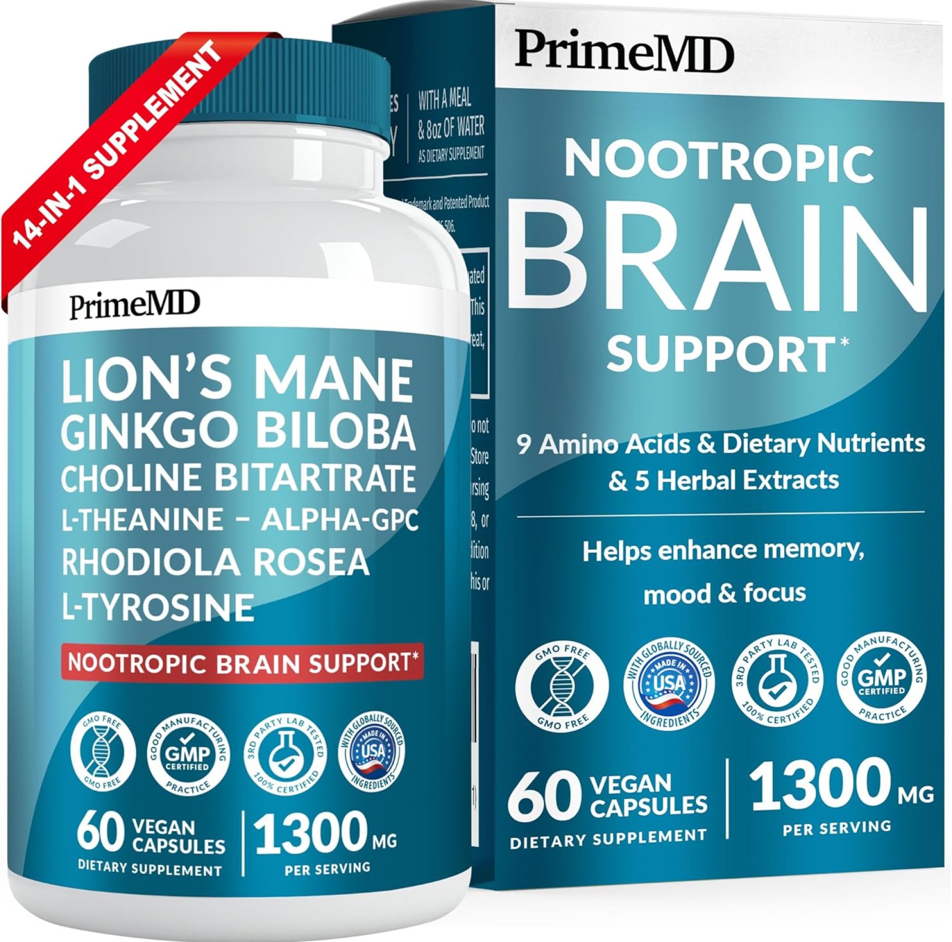 14-in-1 Lions Mane Supplement Capsules – Nootropic Brain Supplement with Ginkgo Biloba for Brain Support, Memory and Focus – Alpha GPC, L Theanine & Choline Supplements with 1300mg Per Serving (60 ct) 14-in-1 Lions Mane Supplement Capsules – Nootropic Brain Supplement with Ginkgo Biloba for Brain Support, Memory and Focus – Alpha GPC, L Theanine & Choline Supplements with 1300mg Per Serving (60 ct)
