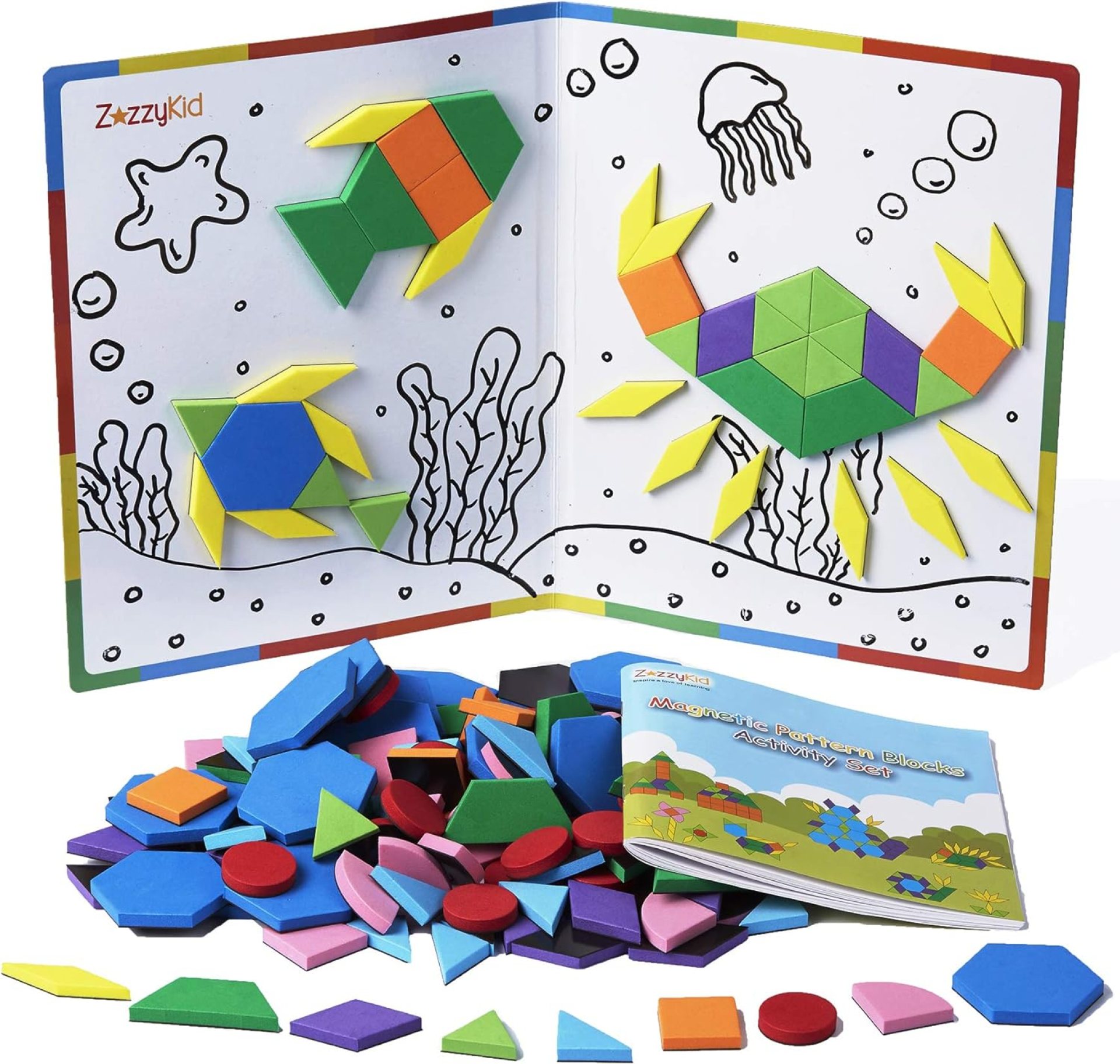 ZazzyKid Kids Magnetic Pattern Blocks Set: 216 PCS Geometric Shape Puzzles Tangram – STEM ZazzyKid Kids Magnetic Pattern Blocks Set: 216 PCS Geometric Shape Puzzles Tangram – STEM