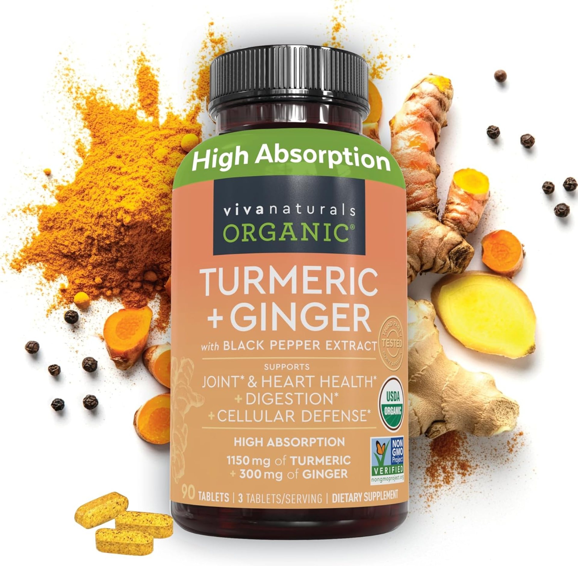 Viva Naturals Organic Turmeric and Ginger Supplements with Black Pepper Extract for Joint Support -1450 mg per Serving Tumeric Ginger Pills with 150 mg of Turmeric Standardized to 95% Curcuminoids Viva Naturals Organic Turmeric and Ginger Supplements with Black Pepper Extract for Joint Support -1450 mg per Serving Tumeric Ginger Pills with 150 mg of Turmeric Standardized to 95% Curcuminoids