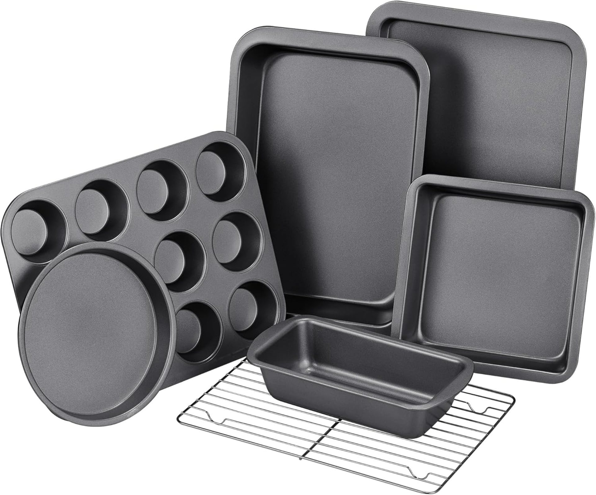 KITESSENSU Baking Pans Sets, Nonstick Bakeware Sets 7-Piece with Round/Square Cake Pan, Loaf Pan, Muffin Pan, Cookie Sheet, Roast Pan, Cooling Rack, Carbon Steel Bake Set KITESSENSU Baking Pans Sets, Nonstick Bakeware Sets 7-Piece with Round/Square Cake Pan, Loaf Pan, Muffin Pan, Cookie Sheet, Roast Pan, Cooling Rack, Carbon Steel Bake Set