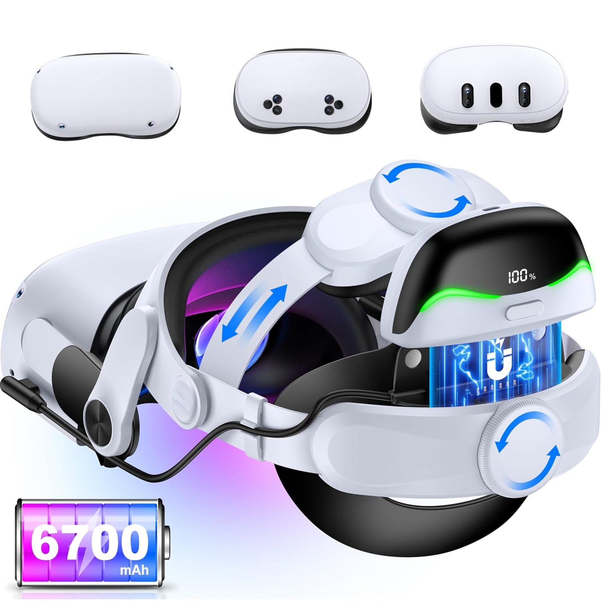 Battery Head Strap for Meta Quest 3/Quest 3S/Quest 2, with Magnetic Hot-Swappable & Detachable 6700mAh Battery Pack, Extends 2–3H Playtime, Comfortable VR Headset Strap for Oculus Battery Head Strap for Meta Quest 3/Quest 3S/Quest 2, with Magnetic Hot-Swappable & Detachable 6700mAh Battery Pack, Extends 2–3H Playtime, Comfortable VR Headset Strap for Oculus