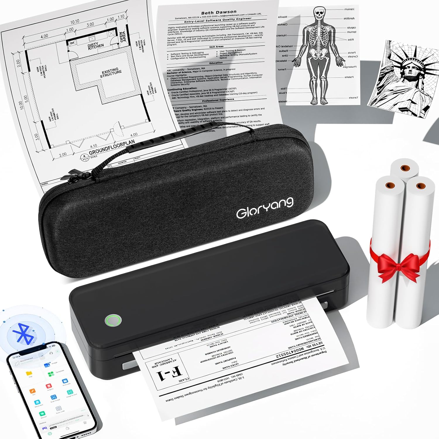 Inkless Portable Printer for Travel, Wireless Thermal Printer Supports 8.5 x 11 Inch Thermal Paper, Bluetooth Machine Includes Carry Case and 3 Rolls of Paper Kit, Black Inkless Portable Printer for Travel, Wireless Thermal Printer Supports 8.5 x 11 Inch Thermal Paper, Bluetooth Machine Includes Carry Case and 3 Rolls of Paper Kit, Black