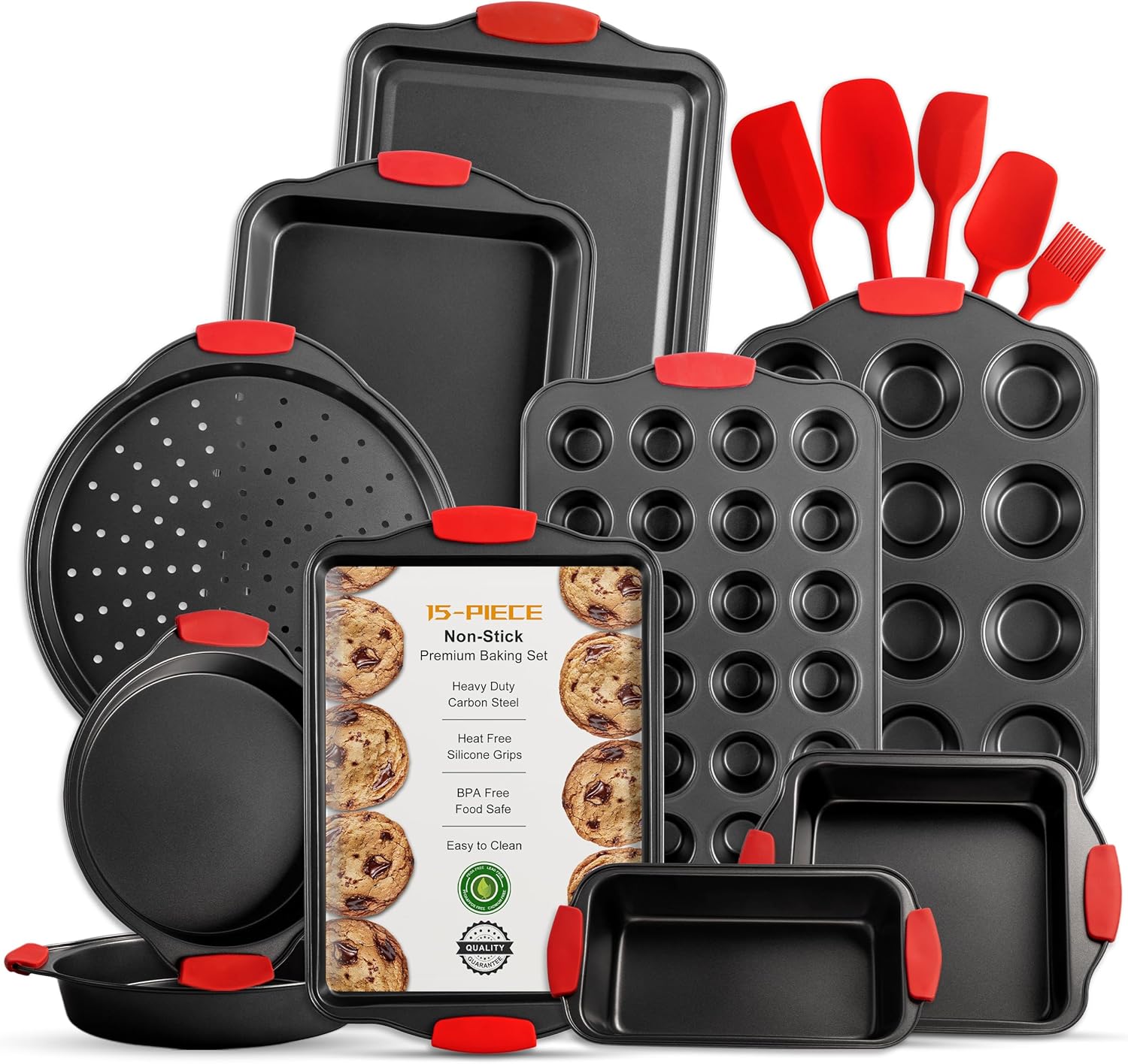 Baking Pans Set, 15 Piece Premium Baking Set, Nonstick Bakeware Sets BPA Free, Cookie Sheets for Baking Nonstick Set, Steel Baking Sheets for Oven with Muffin Pan, Cake Pan & Kitchen Utensils – Black Baking Pans Set, 15 Piece Premium Baking Set, Nonstick Bakeware Sets BPA Free, Cookie Sheets for Baking Nonstick Set, Steel Baking Sheets for Oven with Muffin Pan, Cake Pan & Kitchen Utensils – Black
