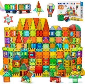 EchoPlan Magnetic Tiles, 130PCS Magnetic Blocks with 2 Cars, Magnet Tiles 3D Clear Building Blocks Set, STEM Sensory Educational Toys Gift for Toddlers Kids Boys 3 4 5 6 7 8 9+ Year Old