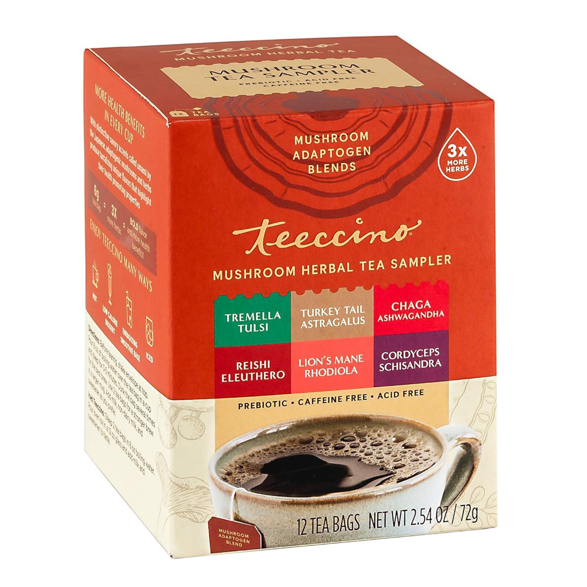 Teeccino Mushroom Herbal Tea – Mushroom Adaptogen Tea Sampler – 12 Tea Bags – Support Your Health With Mushrooms and Adaptogenic Herbs, Prebiotic, Caffeine Free, Acid Free Teeccino Mushroom Herbal Tea – Mushroom Adaptogen Tea Sampler – 12 Tea Bags – Support Your Health With Mushrooms and Adaptogenic Herbs, Prebiotic, Caffeine Free, Acid Free