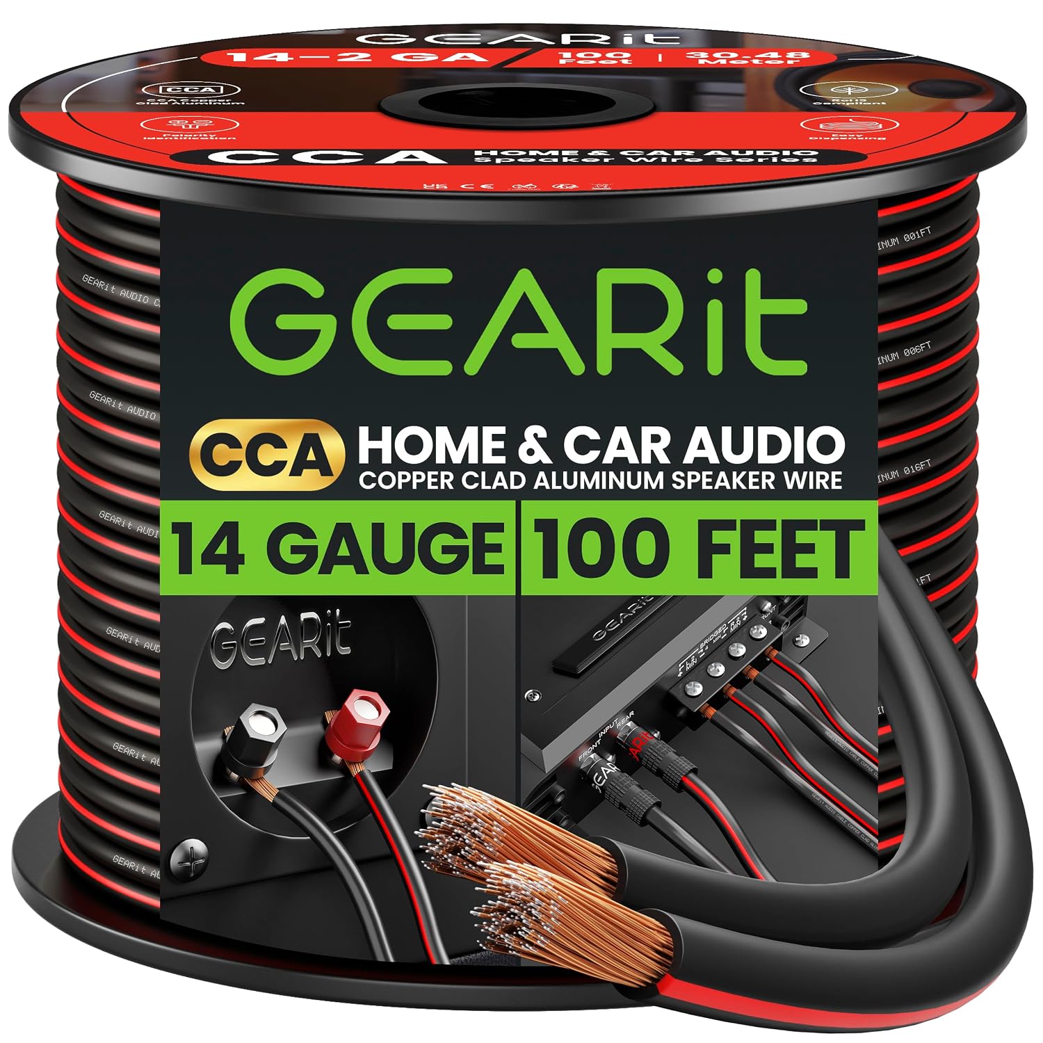 14AWG Speaker Wire, GearIT Pro Series 14 AWG Gauge Speaker Wire Cable (100 Feet / 30.48 Meters) Great Use for Home Theater Speakers and Car Speakers Black 14AWG Speaker Wire, GearIT Pro Series 14 AWG Gauge Speaker Wire Cable (100 Feet / 30.48 Meters) Great Use for Home Theater Speakers and Car Speakers Black