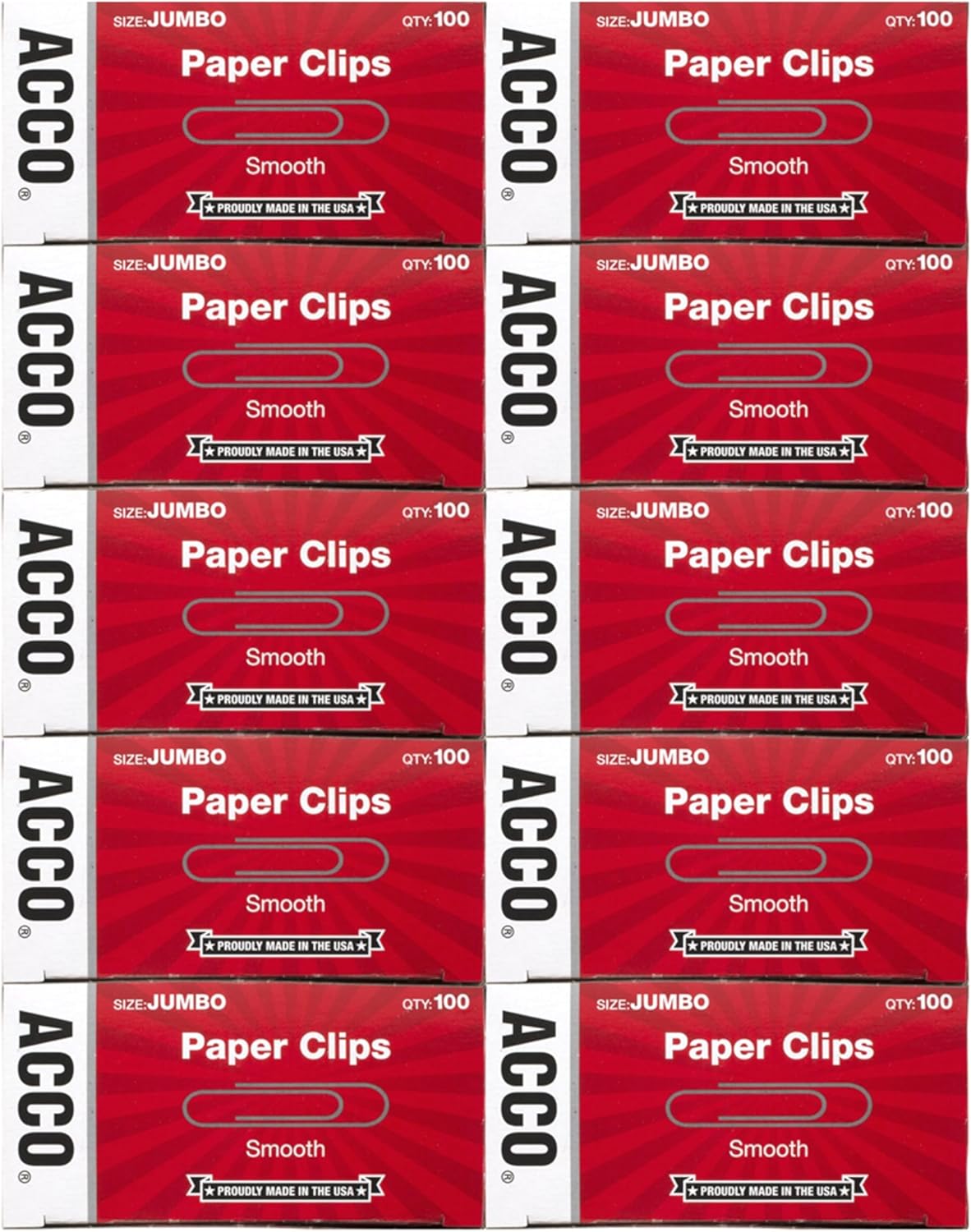 ACCO Paper Clips, Jumbo, Smooth, Economy, 10 Boxes, 100/Box (72580) ACCO Paper Clips, Jumbo, Smooth, Economy, 10 Boxes, 100/Box (72580)