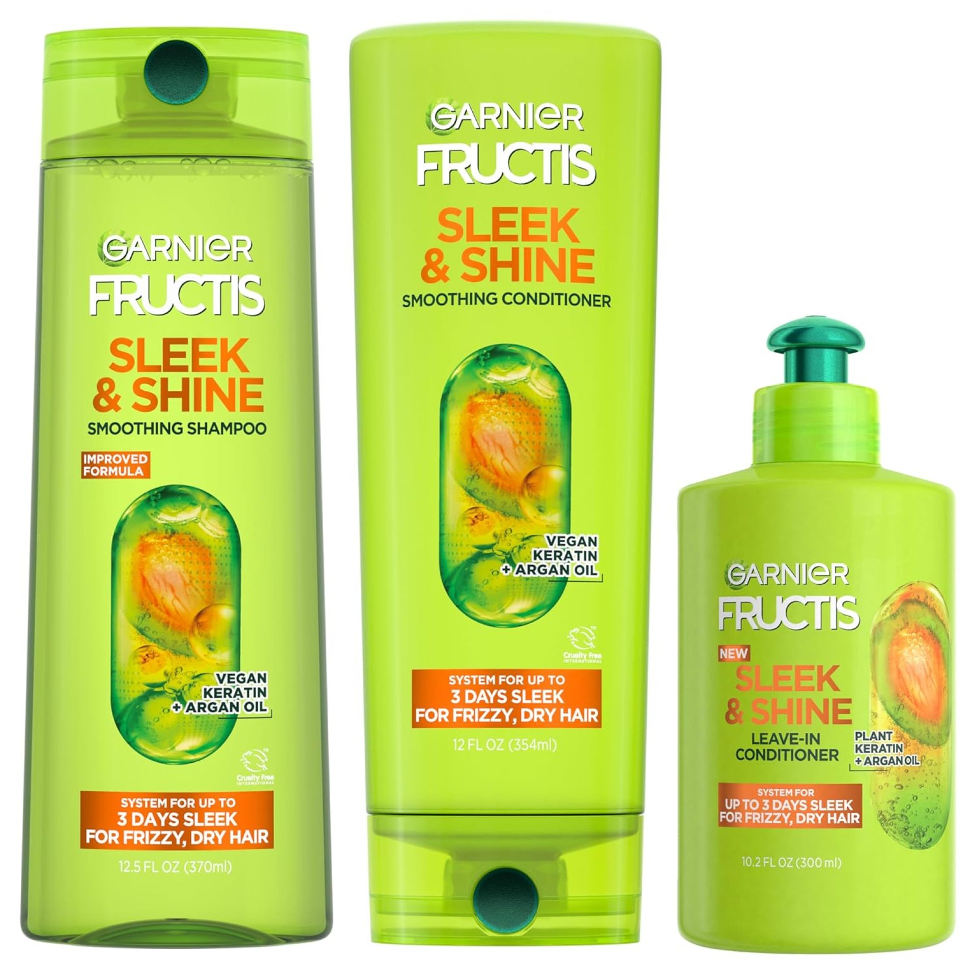 Garnier Fructis Sleek & Shine Shampoo, Conditioner + Leave-In Conditioer Set for Frizzy, Dry Hair, Plant Keratin + Argan Oil (3 Items), 1 Kit (Packaging May Vary) Garnier Fructis Sleek & Shine Shampoo, Conditioner + Leave-In Conditioer Set for Frizzy, Dry Hair, Plant Keratin + Argan Oil (3 Items), 1 Kit (Packaging May Vary)