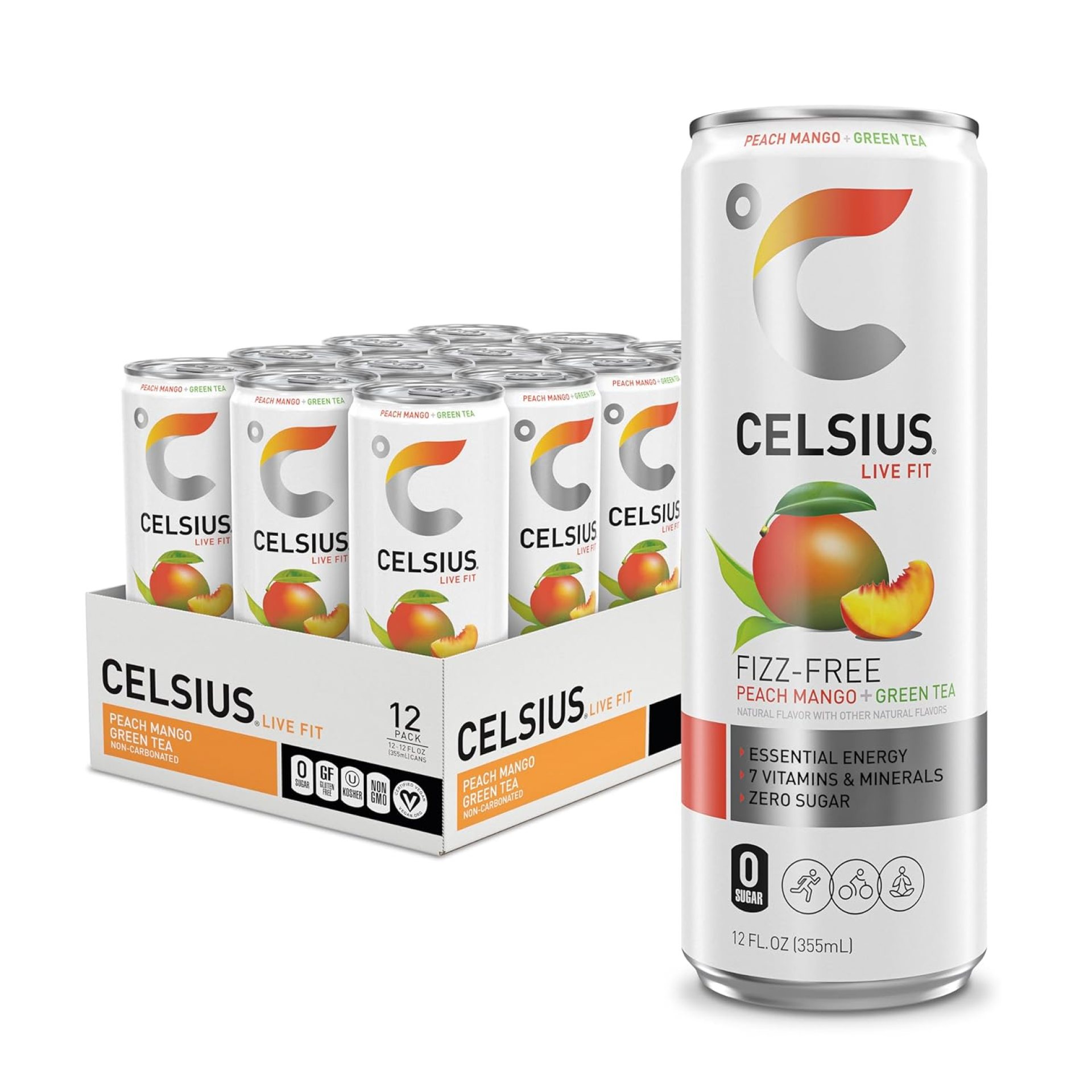 CELSIUS Peach Mango Green Tea, Functional Essential Energy Drink 12 Fl Oz (Pack of 12) CELSIUS Peach Mango Green Tea, Functional Essential Energy Drink 12 Fl Oz (Pack of 12)