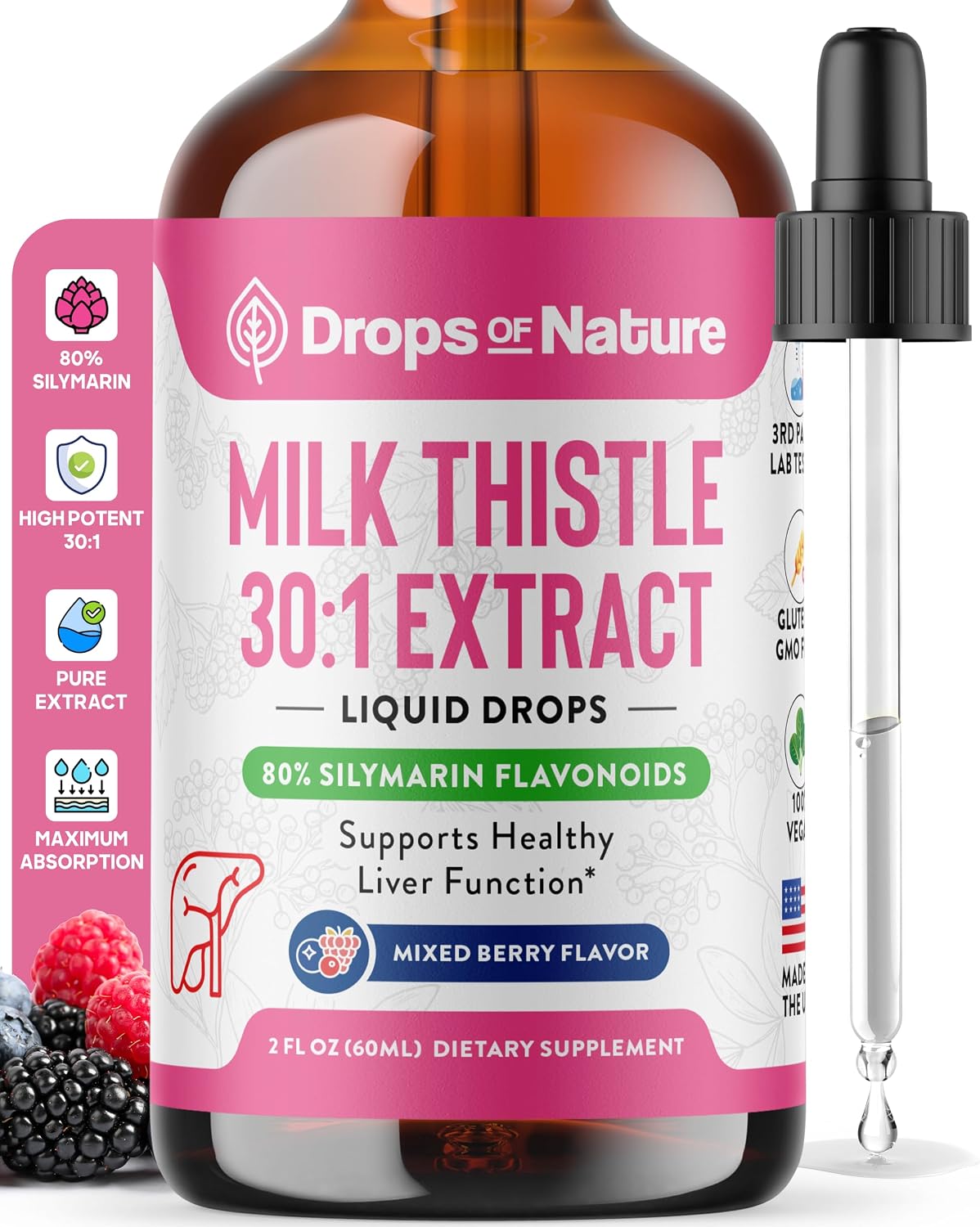 Milk Thistle Supplement Liquid Drops with 80% Silymarin Flavonoids – Vegan, Organic Milk Thistle Extract – Easily Mix with Tea Daily for Antioxidant Properties, Liver, Immune Care (Mixed Berry, 60 mL) Milk Thistle Supplement Liquid Drops with 80% Silymarin Flavonoids – Vegan, Organic Milk Thistle Extract – Easily Mix with Tea Daily for Antioxidant Properties, Liver, Immune Care (Mixed Berry, 60 mL)