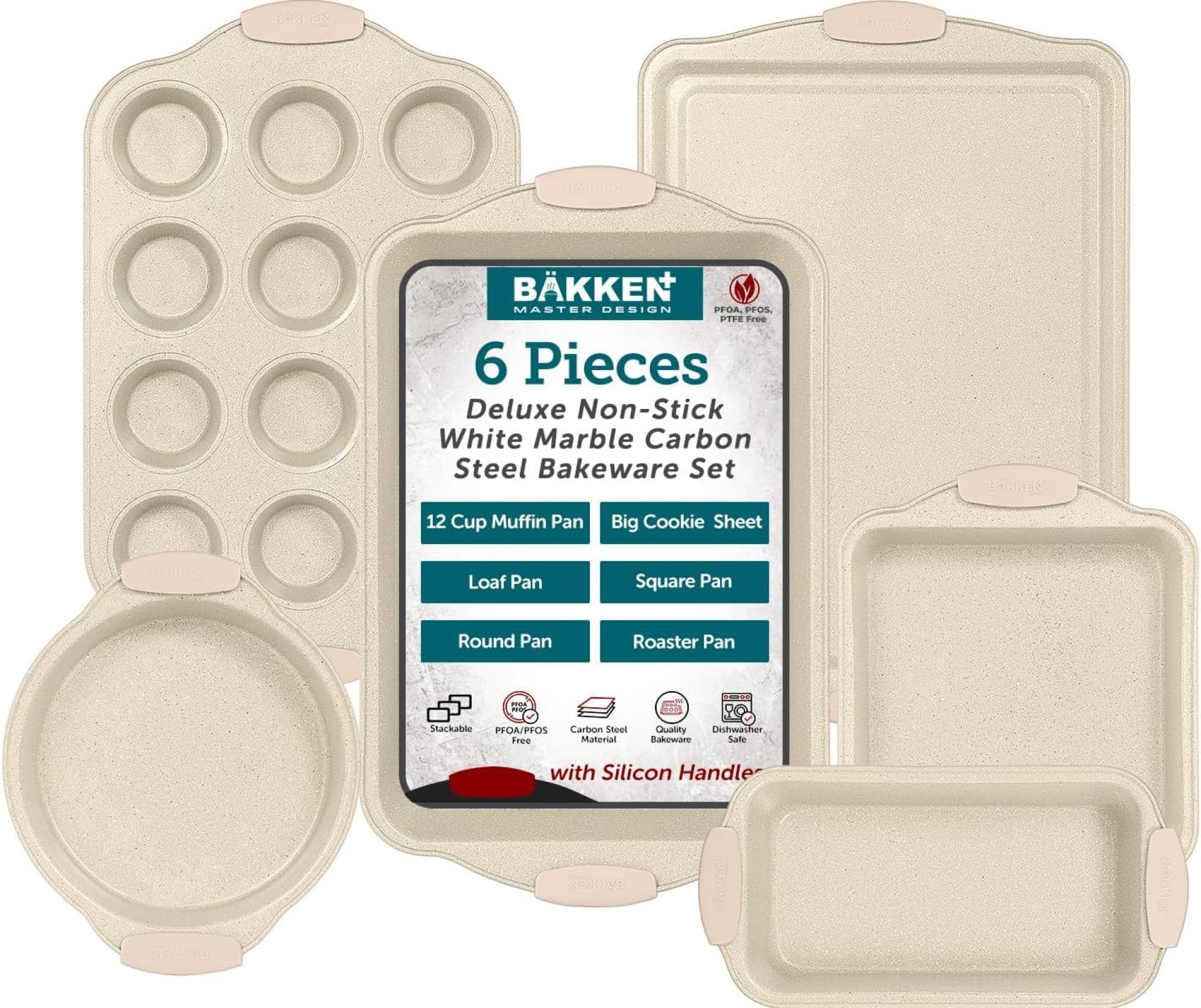 6-Piece Deluxe Nonstick Baking Pan Set – Professional Grade Carbon Steel Bakeware with White Marble Coating & Silicone Handles 6-Piece Deluxe Nonstick Baking Pan Set – Professional Grade Carbon Steel Bakeware with White Marble Coating & Silicone Handles