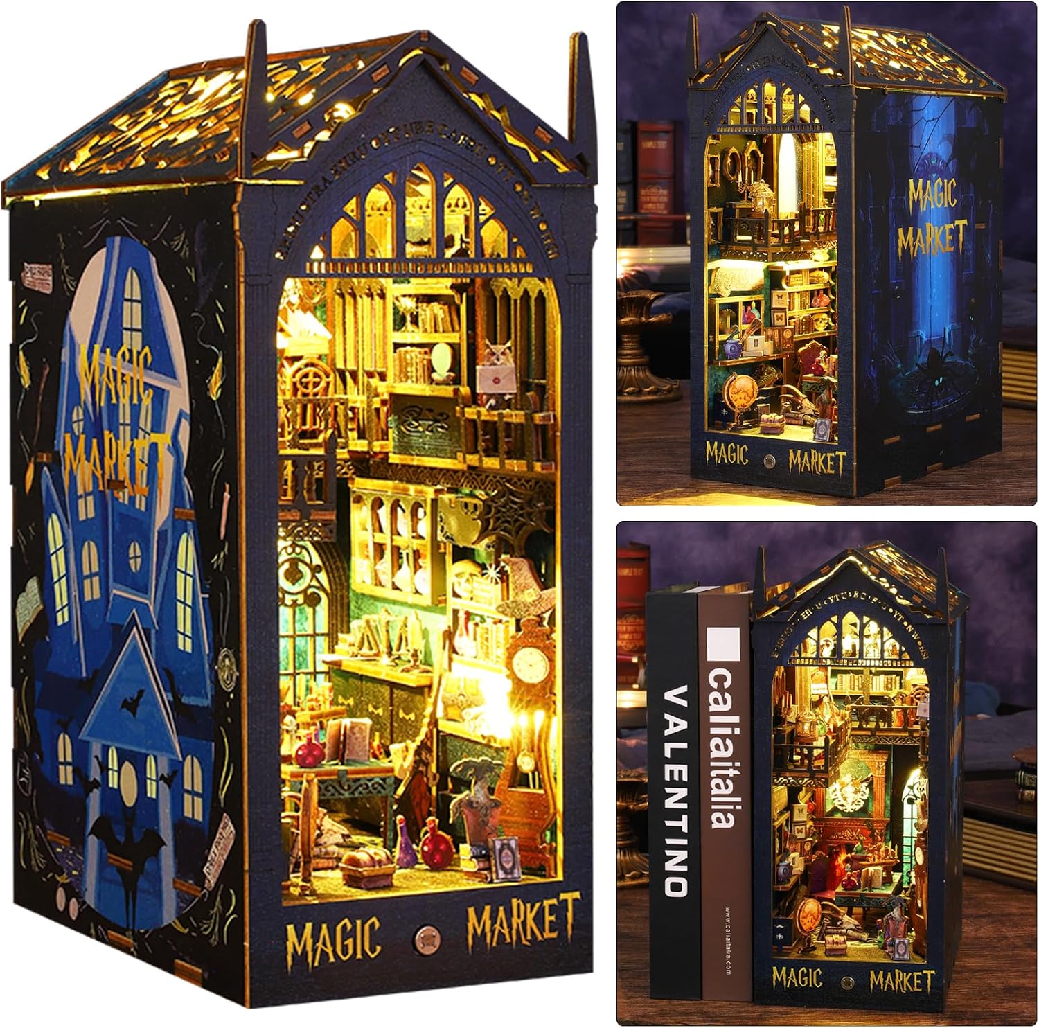 ISSEVE DIY Book Nook Miniature Kits for Adults, 3D Wooden Puzzle Dollhouse Miniature House Kit for Booknook Shelf Insert Decor, Creative Assembled Bookends Bookshelf with Sensor Light (Magic Market) ISSEVE DIY Book Nook Miniature Kits for Adults, 3D Wooden Puzzle Dollhouse Miniature House Kit for Booknook Shelf Insert Decor, Creative Assembled Bookends Bookshelf with Sensor Light (Magic Market)