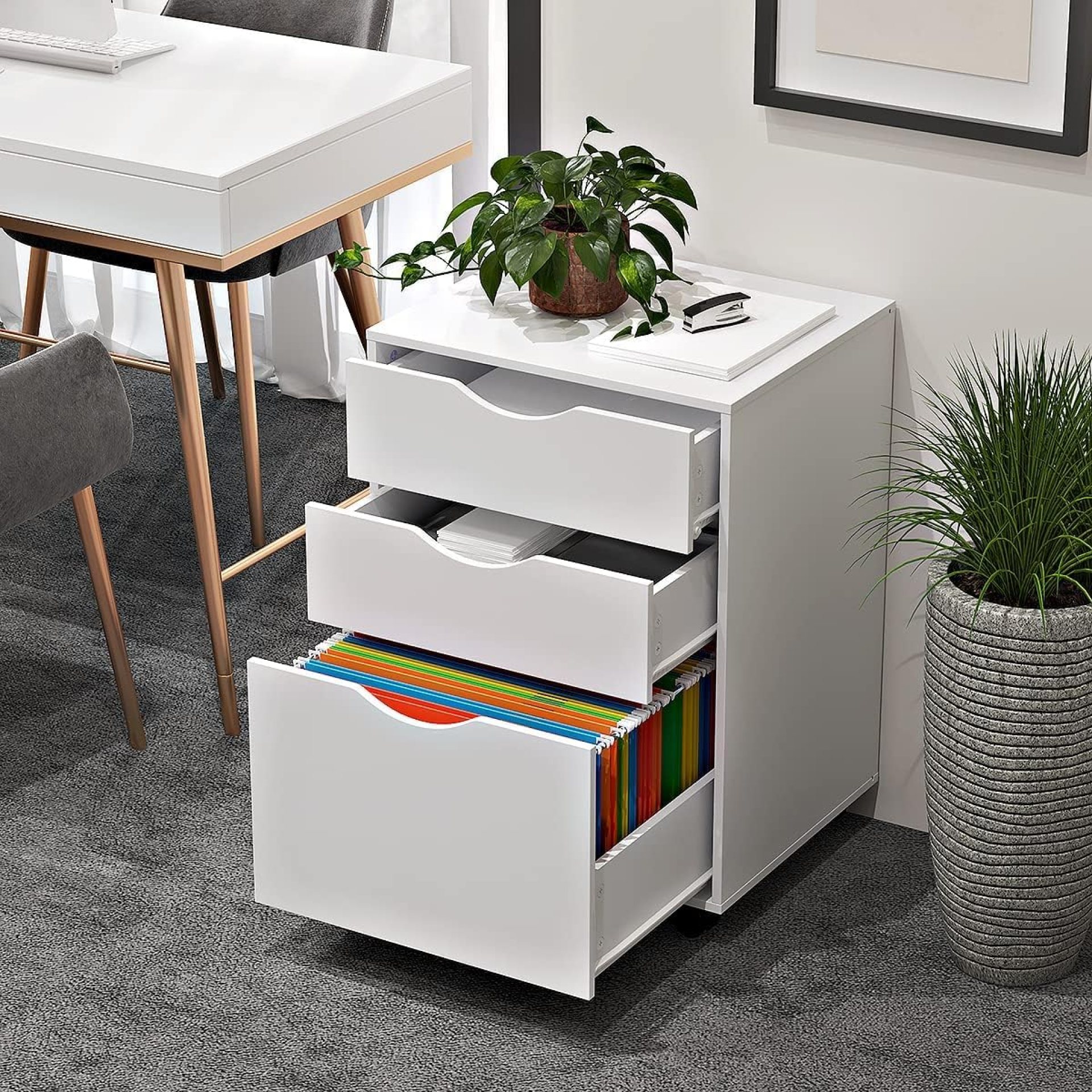 WOOD WORTH 3 Drawers Storage Cabinet, Wooden Mobile Filing Cabinet for Mini Printer Stand, with Lockable Casters, for Home Office (3-Drawers, White) WOOD WORTH 3 Drawers Storage Cabinet, Wooden Mobile Filing Cabinet for Mini Printer Stand, with Lockable Casters, for Home Office (3-Drawers, White)