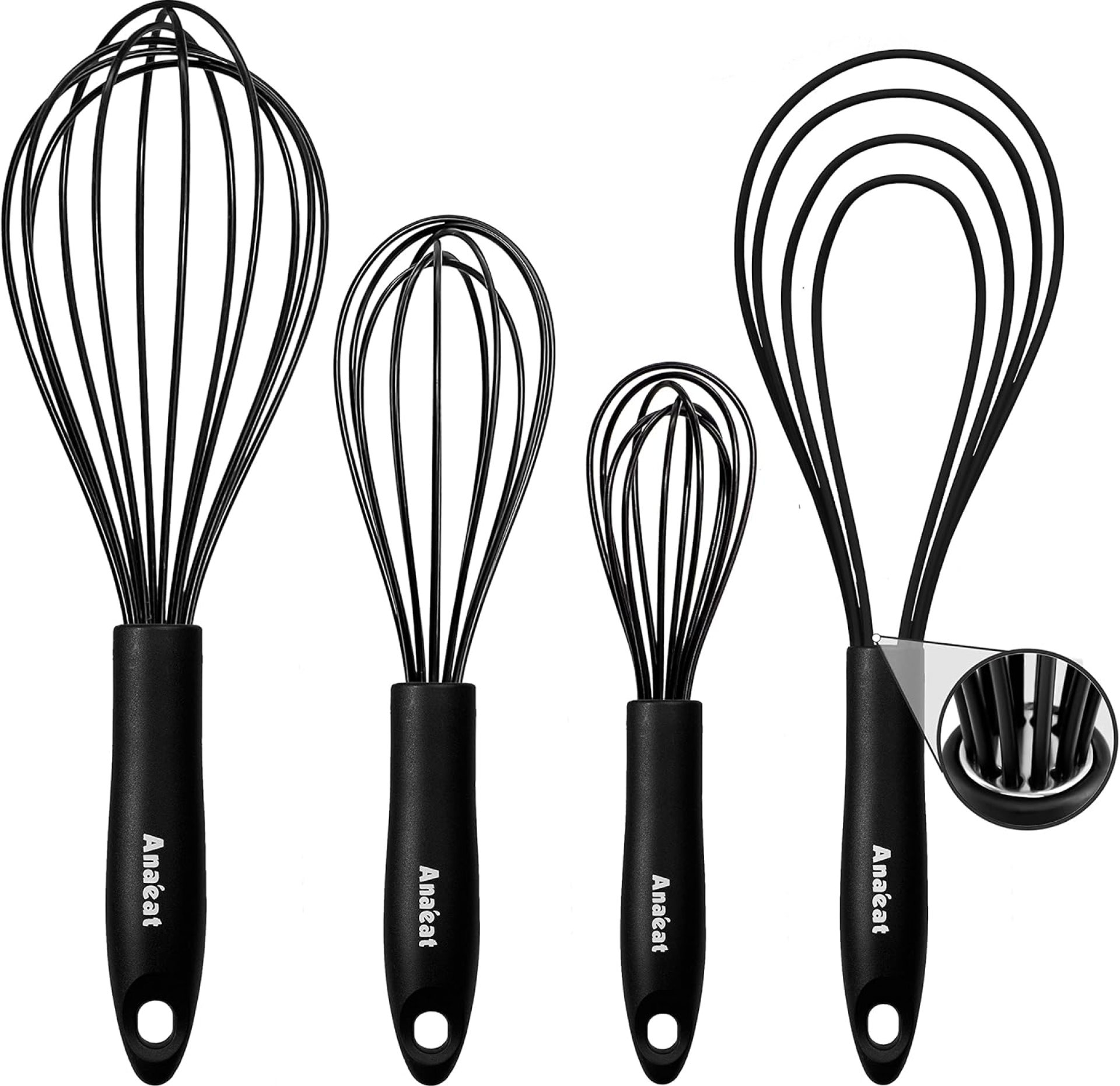 Anaeat Silicone Kitchen Whisk Set of 4, Perfect for Non-Stick Cookware, Egg Beater Milk Blender for Whisking, Cooking, Baking, Beating – 11” Flat Whisk and 8.5”+10.5”+12” Balloon Whisks (Black) Anaeat Silicone Kitchen Whisk Set of 4, Perfect for Non-Stick Cookware, Egg Beater Milk Blender for Whisking, Cooking, Baking, Beating – 11” Flat Whisk and 8.5”+10.5”+12” Balloon Whisks (Black)