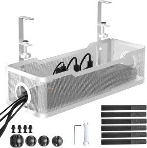Under Desk Cable Management Tray White, Cinati Wire Organizers No Drill, Cable Tray with Clamp for Wire Management, Cord Organization Box for Office, Home – No Damage to Desk